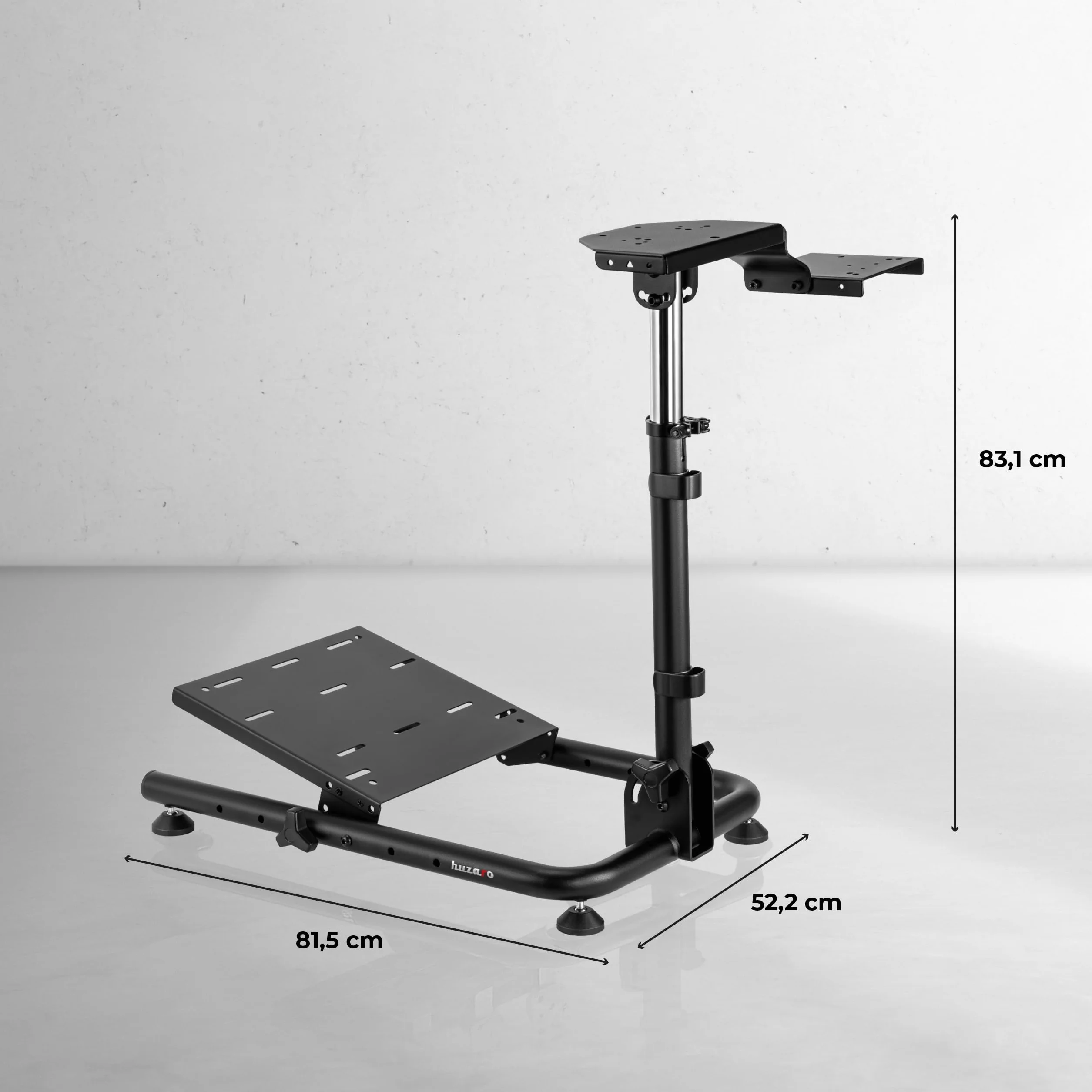 huzaro Speed 2.0, regulowany uchwyt na kierownicę wyścigową, kompatybilny z Logitech Fanatec Thrustmaster, stabilna konstrukcja stalowa, regulowana wysokość i kąt, składane, antypoślizgowe podkładki