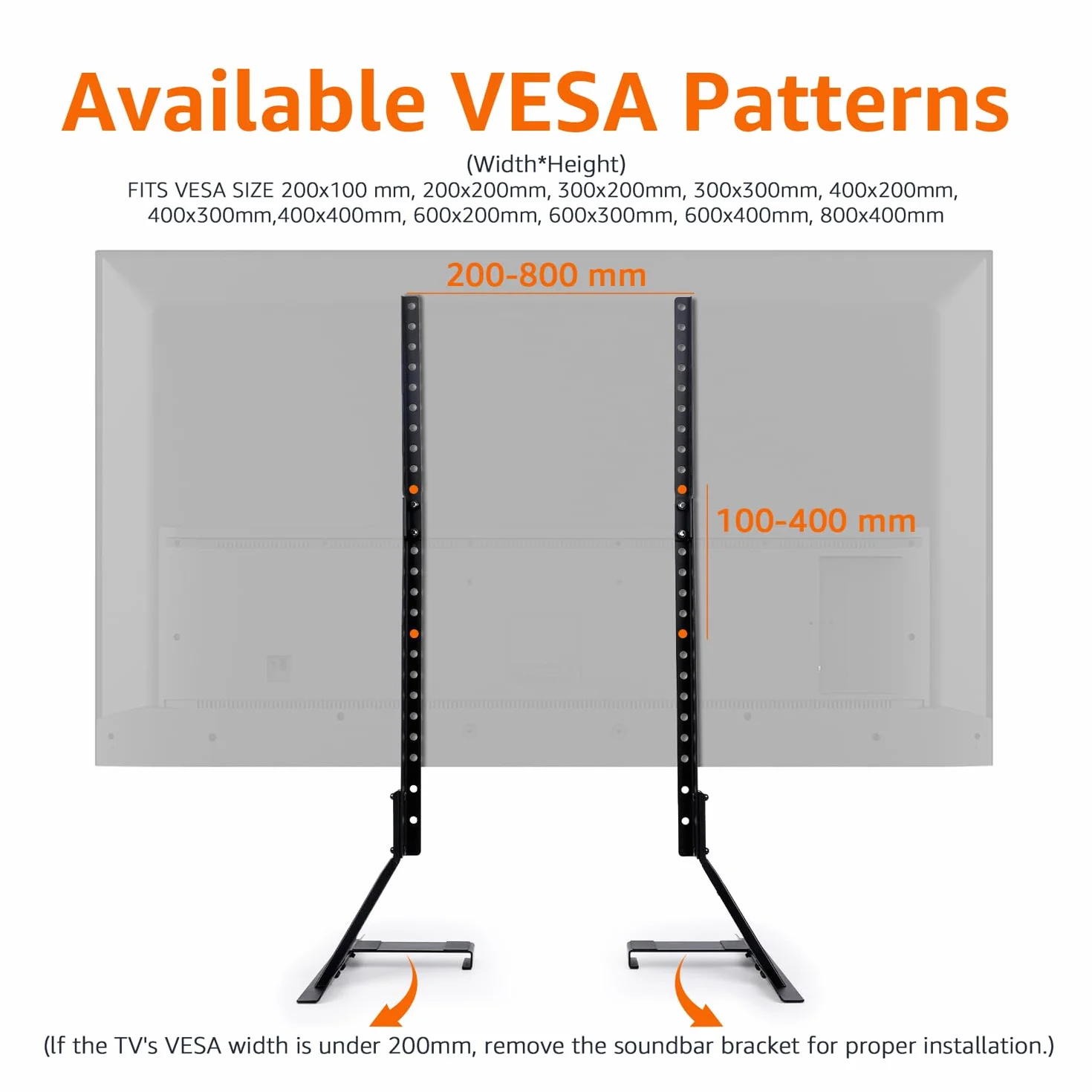 Amazon Basics Uniwersalny Stojak do Telewizora, Regulacja Wysokości do Telewizorów 22–77 cali, Udźwig do 36,3 kg, VESA 200x100 do 800x400, Zawiera Uchwyt do Soundbara, Czarny