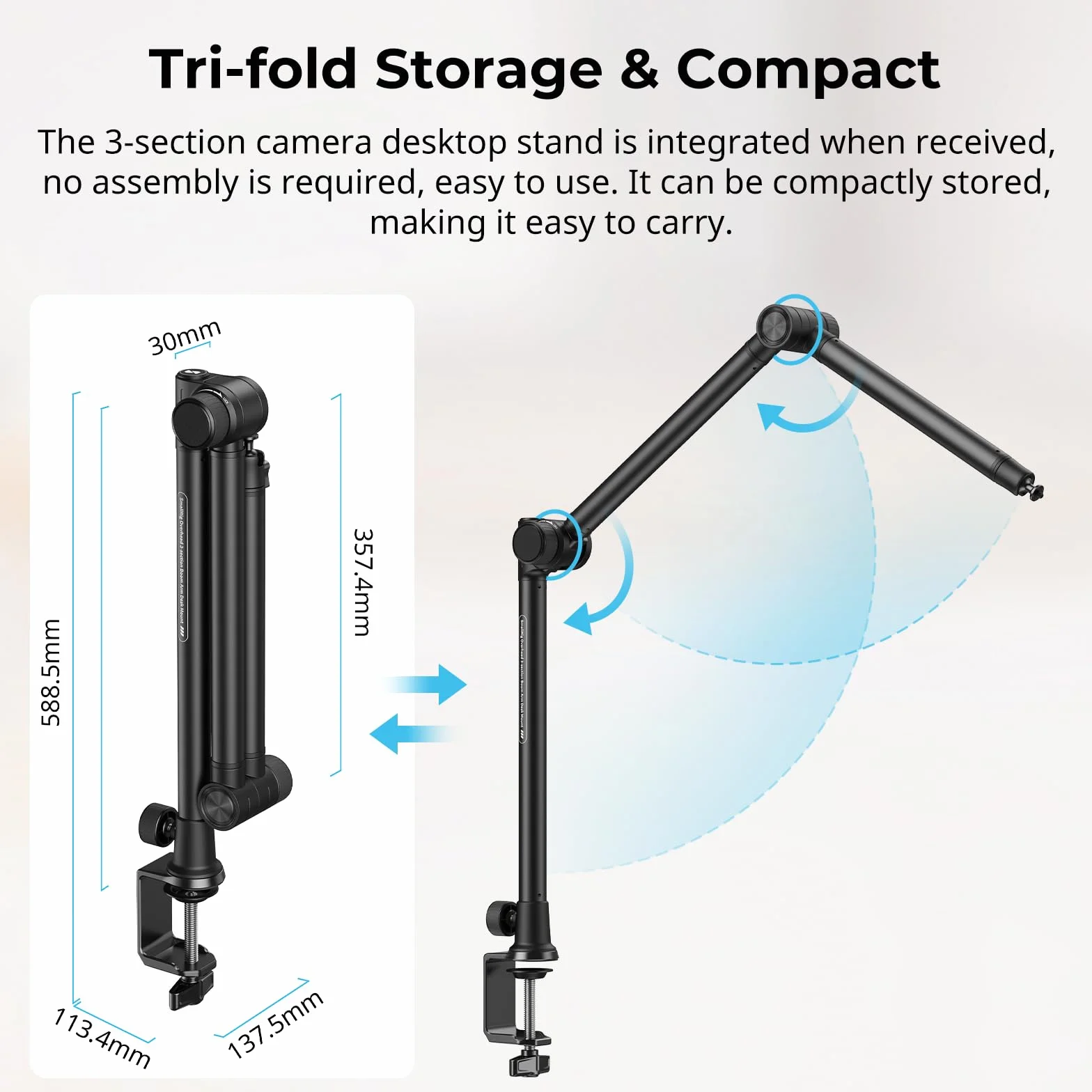 SMALLRIG Overhead 3-Section Desktop Camera Bracket, Tłumiący Uchwyt na Biurko z Głowicą Kulową Obracaną o 360°, Zacisk Stołowy C, Maksymalne Obciążenie do 4,4 Funta / 2kg do Fotografii - 4324