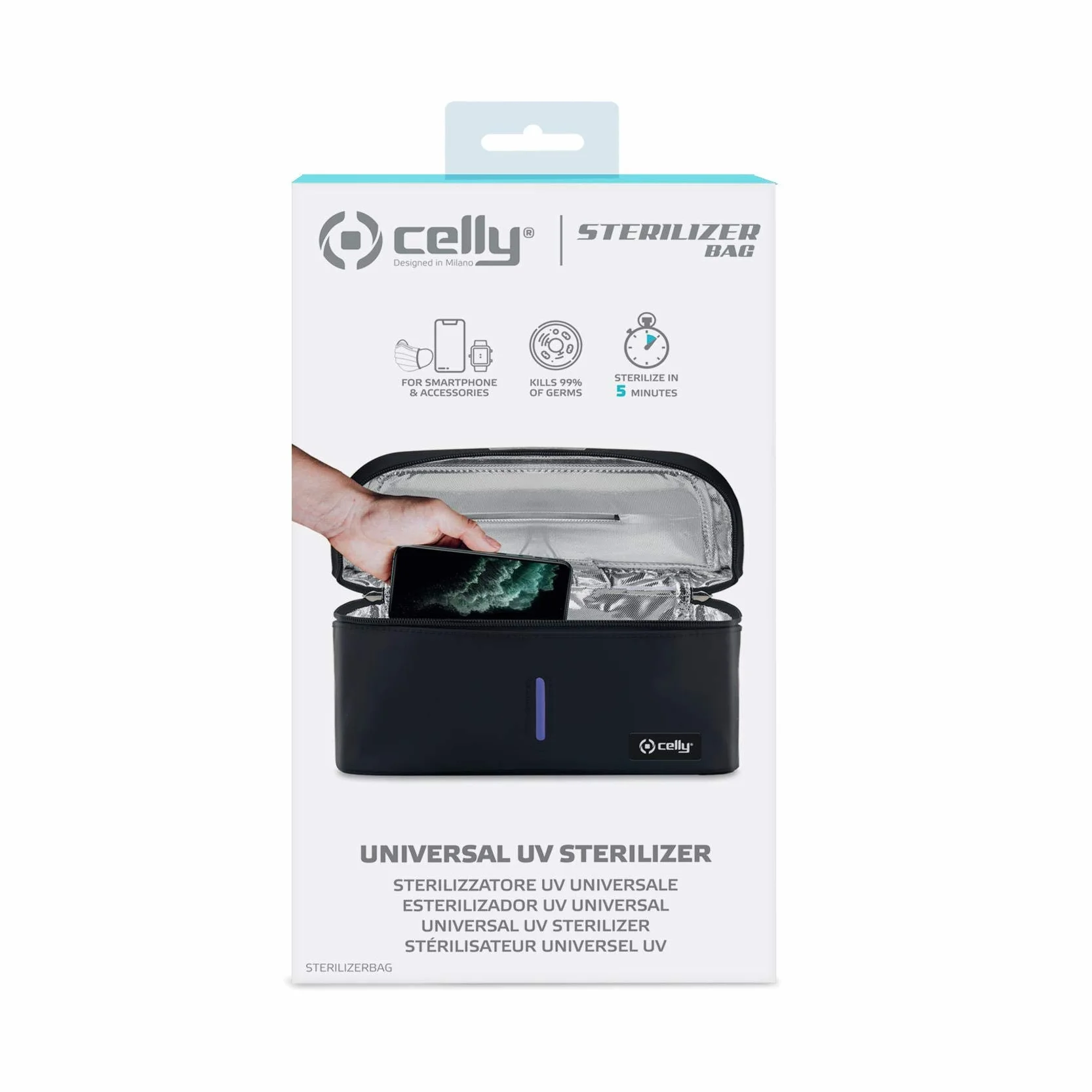 Celly Przenośna uniwersalna maszyna do sterylizowania promieni UV (certyfikat), torba do dezynfekcji z promieniami UV-C do smartfonów i akcesoriów, tabletów do 8", zegarków, masek, rękawiczek.