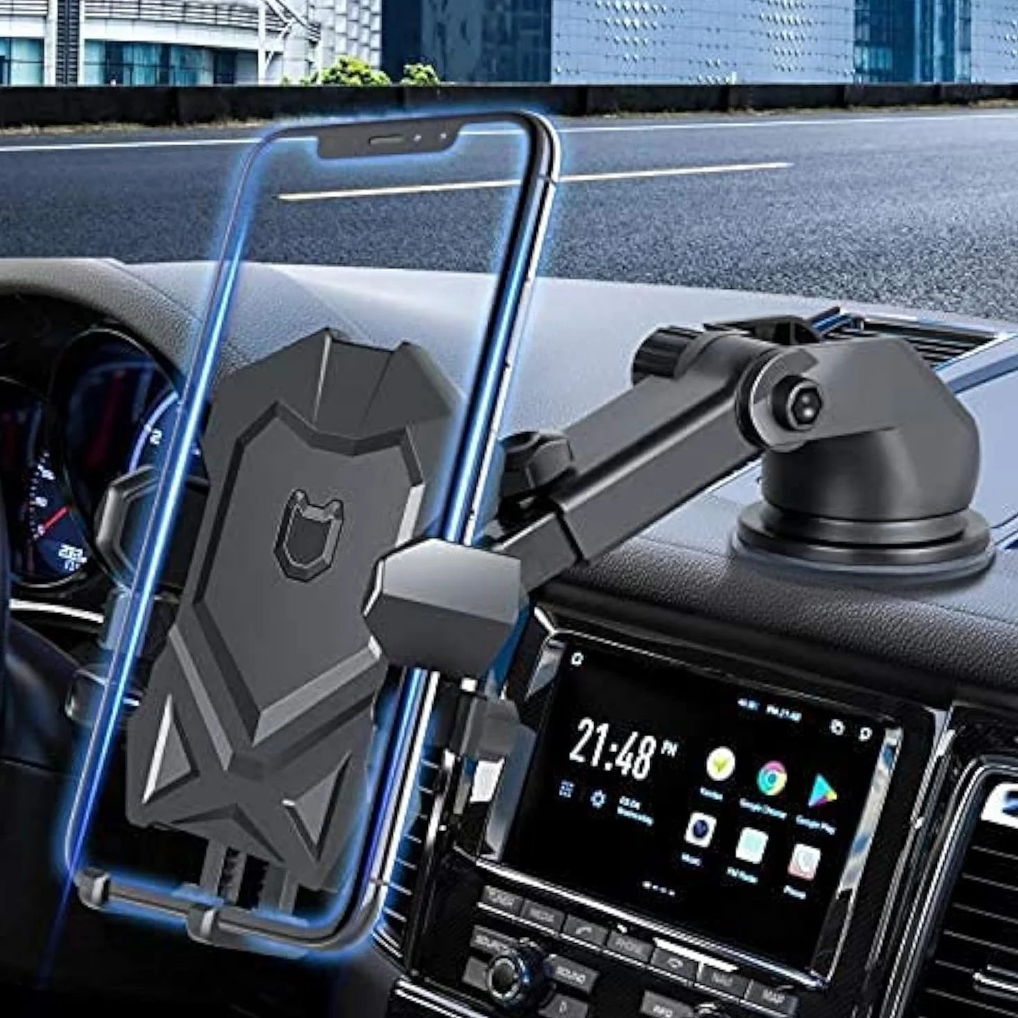 Manords Uchwyt na telefon samochodowy na deskę rozdzielczą i przednią szybę, kompatybilny ze wszystkimi telefonami komórkowymi iPhone i Android, czarny