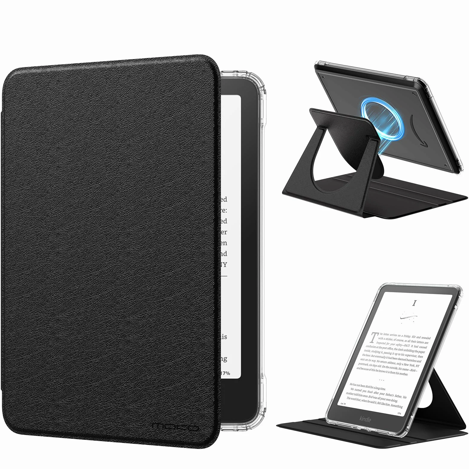 MoKo 360° Rotating Case for 7" eBook Reader 12th Generation 2024, Clear Back Detachable Magnetic Protective Adjustable Stand Cover with Auto Wake/Sleep, Not for TCL Remarkable Kobo, Silk Black
