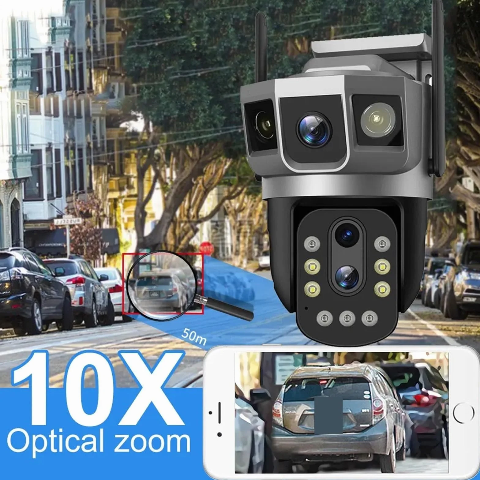 Kamera bezpieczeństwa, Kamera IP 2MP z trzema ekranami, 4G/WiFi, 10-krotny zoom optyczny, automatyczne śledzenie PTZ, kolorowa wizja nocna, bezprzewodowy monitor bezpieczeństwa(128GB Card)