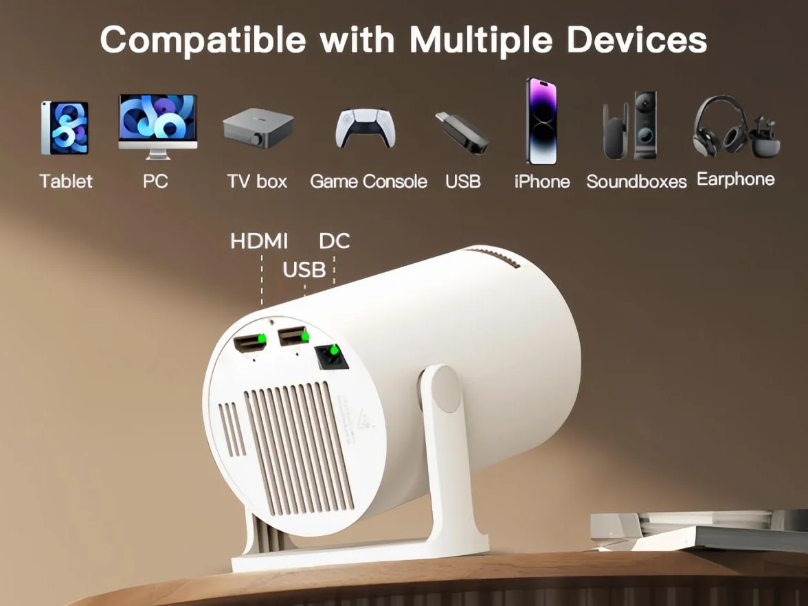 Mini projektor ze zintegrowanym WiFi i Bluetooth, Android 11, 1080P 4K, przenośny projektor z obrotem 180°, wersja HY300pro+ do użytku domowego i zewnętrznego LYNCAST OptiBarrel 500