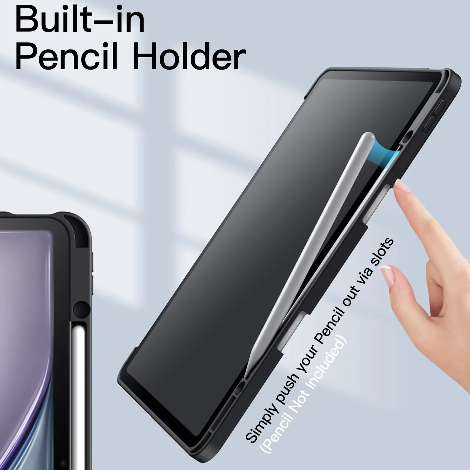 JETech Etui dla iPad Air 13 Cala M4/M3/M2 (2026/2025/2024) z Pencil Uchwyt, Przejaśniać Przezroczyste Tylna Skorupa Smukłą Podstawkę Odporny na Wstrząsy Osłoną Tabletu (Czarny)