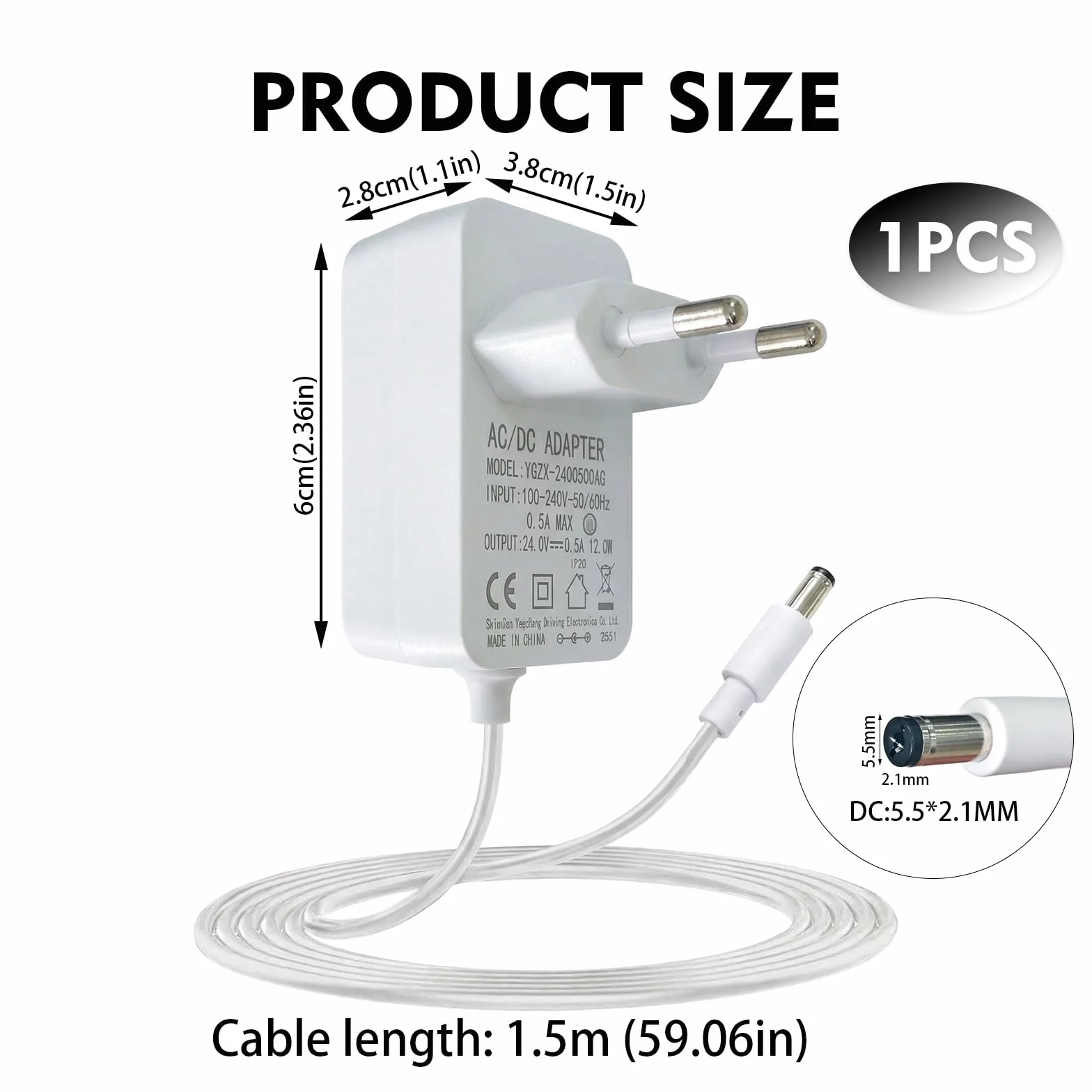 Adapter 24 V 0,5 A, ładowarka DC 5,5 x 2,1 mm, transformator 220 V 24 V