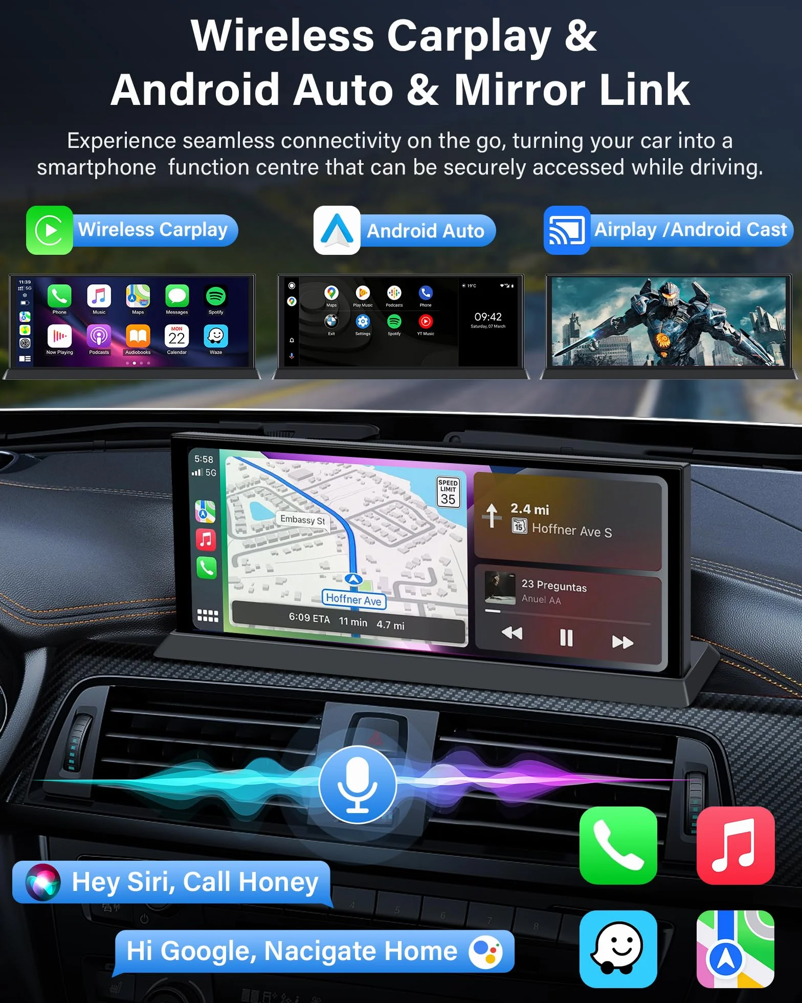 11,3 cala ekran samochodowy z Androidem samochodem z uchwytem, obracany o 350° 4K ekran samochodowy bezprzewodowy podwójny Bluetooth Siri G-oogle