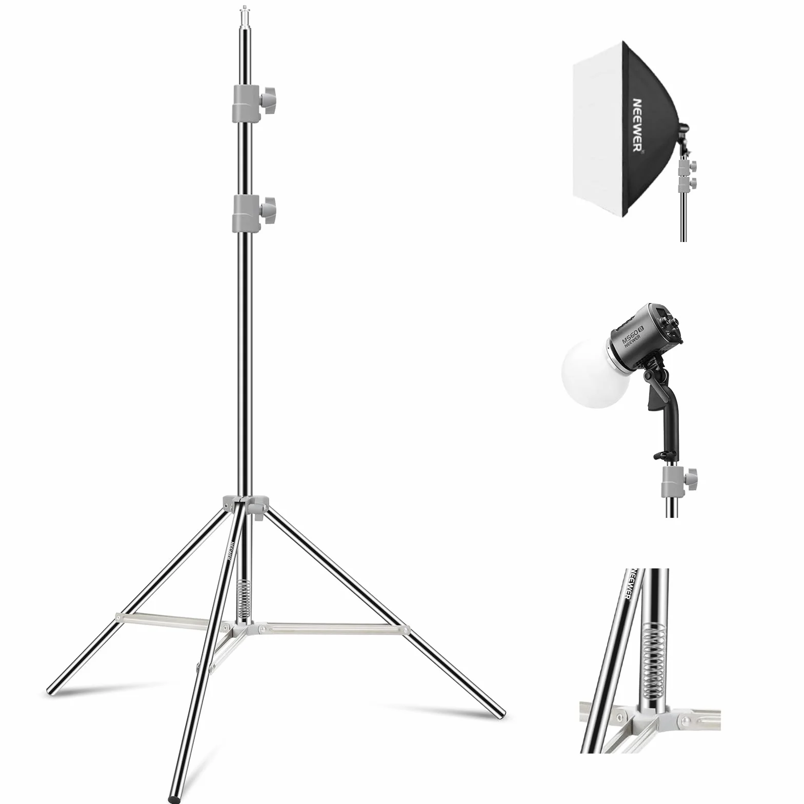 NEEWER Ulepszony stojak oświetleniowy 190 cm ze stali nierdzewnej, sprężynowy, składany statyw fotograficzny z mocniejszymi złączami rurowymi do stroboskopu Softbox LED, maksymalne obciążenie 6,5 kg,