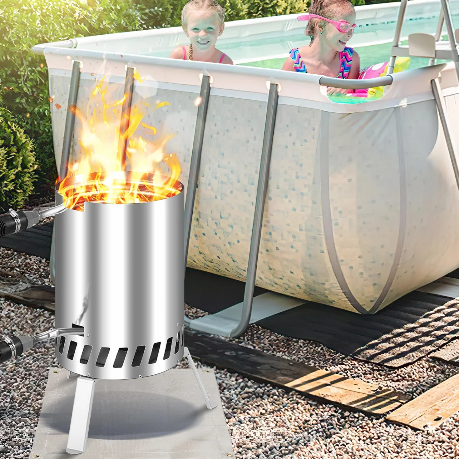 Sonnewelt Ogrzewanie basenu z ogniem i spiralą grzewczą, 100% stal nierdzewna, przyłącze Ø 32/38 mm, do 300 °C