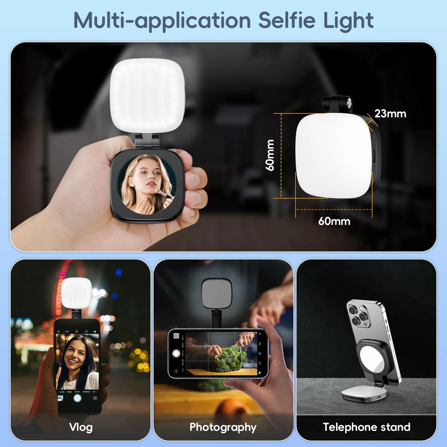 Magnetyczna lampa do telefonu, ładowalna lampa do selfie z 3000 do 6500 K, lampa wideo z lustrem, przenośna składana, 5 trybów oświetlenia, do vloga, makijażu, wideokonferencji