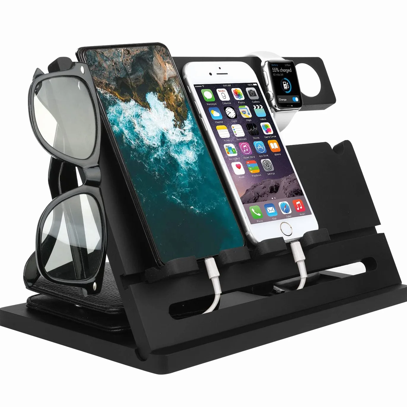 Drewniana podwójna stacja dokująca do telefonu, popiół, brelok, portfel, stojak, organizer, mężczyźni, żona, tata, prezent urodzinowy, stolik nocny, ojciec, gadżety, kompatybilny z iPhone iWatch AirPods