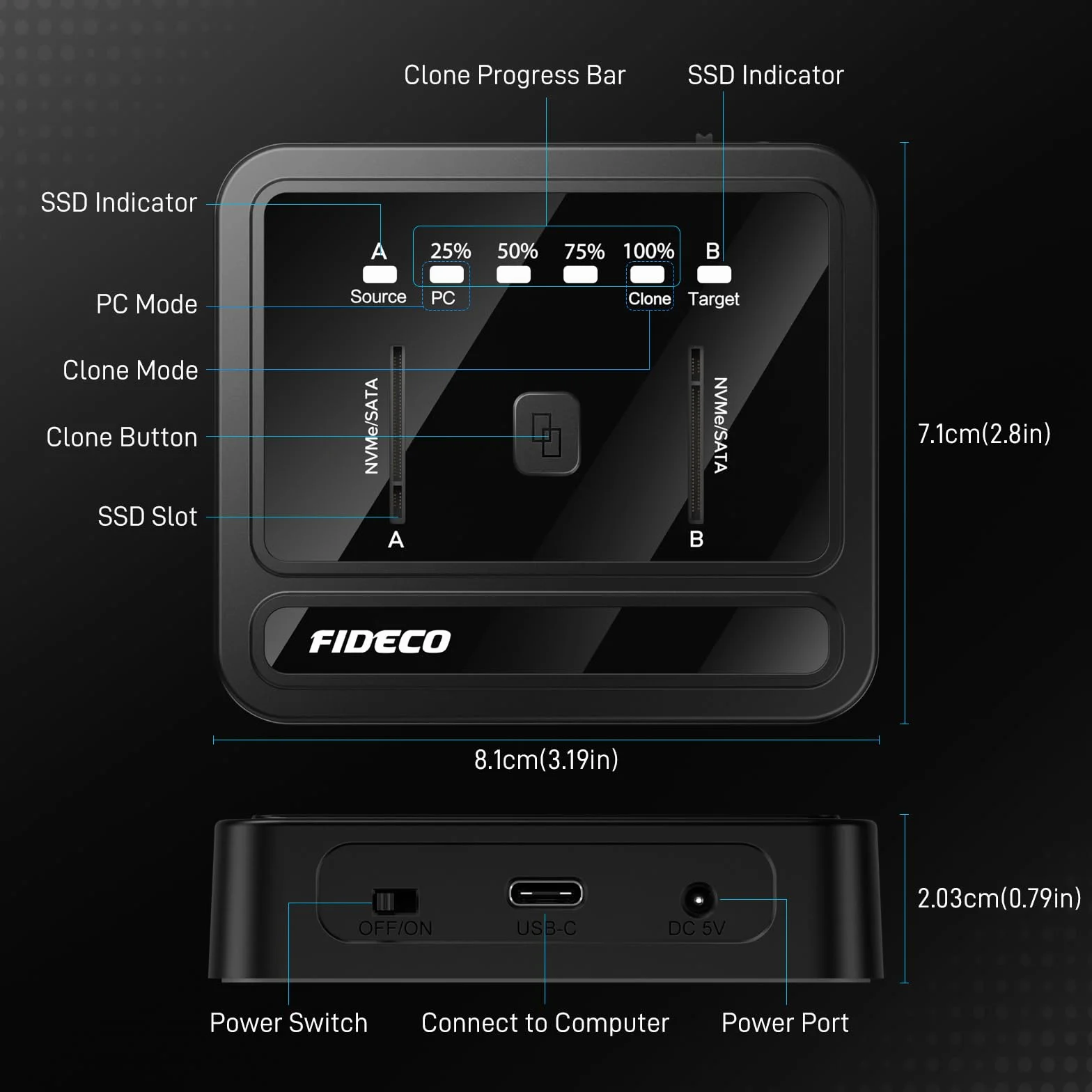 FIDECO M.2 NVMe SATA SSD Cloner Dock, USB 3.2 Gen 2 X 2, 20 Gb/s M.2 NVMe Cloner Duplicator, obsługa klonu offline, UASP i wykończenia, czarna