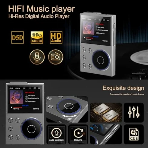 Odtwarzacz HiFi MP3 z Bluetooth, Bezstratny Cyfrowy Odtwarzacz Muzyki Audio DSD o Wysokiej Rozdzielczości, Przenośny Odtwarzacz Audio z kartą Pamięci 16 GB, Obsługa do 256 GB