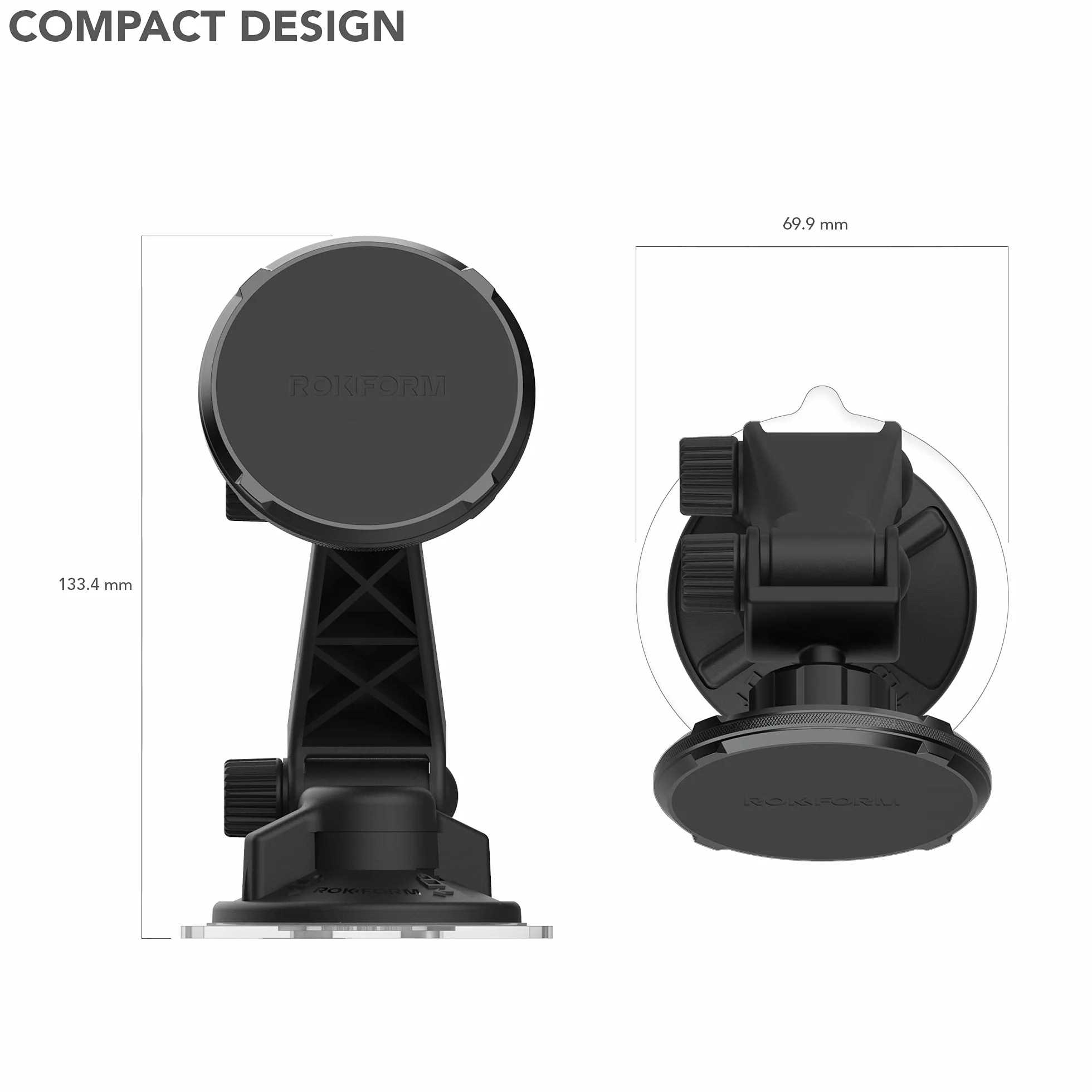 Rokform - Regulowany magnetyczny uchwyt na telefon do przedniej szyby, kompatybilny z obudowami Rokform i etui na telefon MagSafe, mocna przyssawka, nachylenie o 210°, obrót o 360°