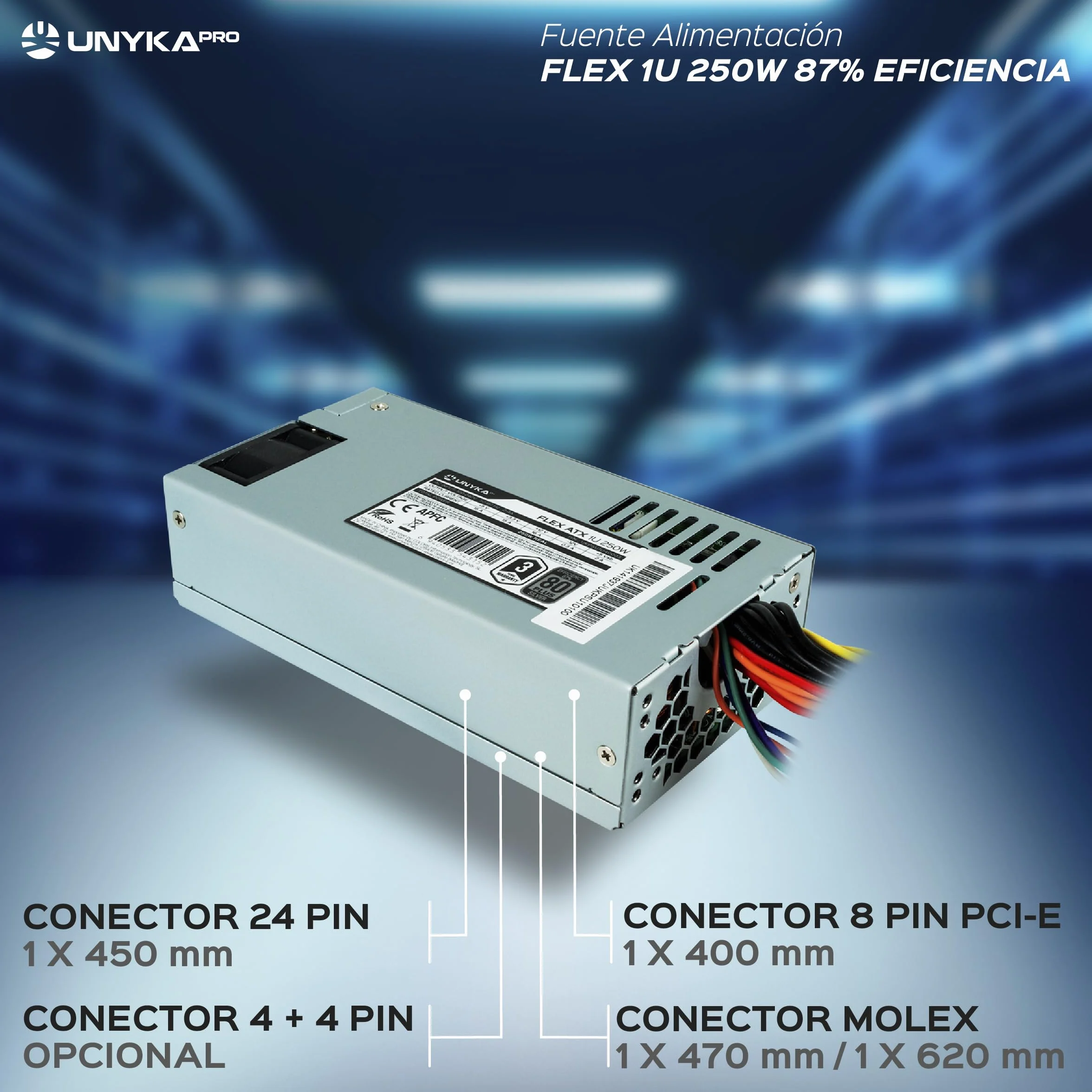 UNYKAch UKPSU1U40003 jednostka Fuente de Nourción 250 W 20+4 pin ATX 1U Plata