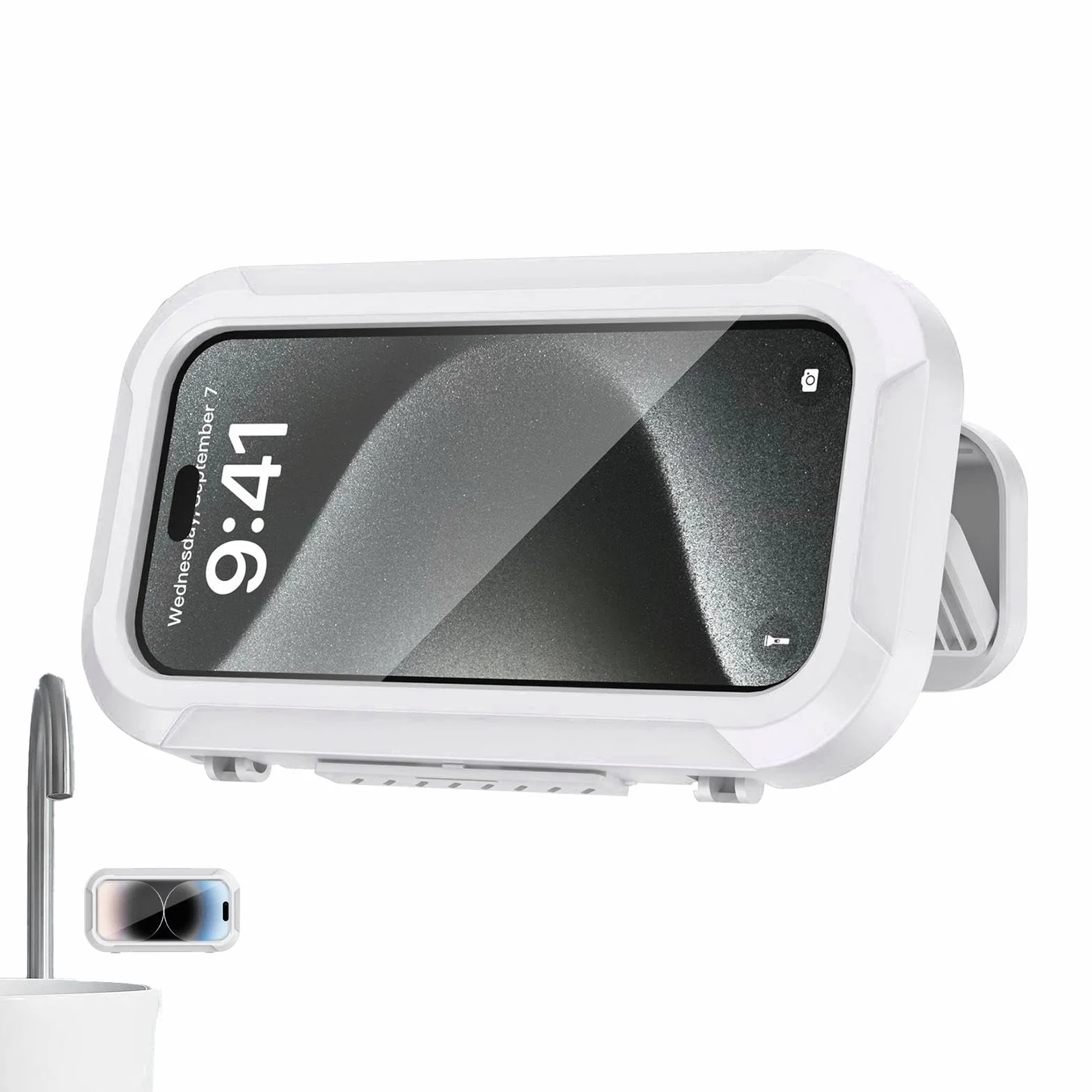Générique Uchwyt na telefon pod prysznic wodoodporny, obrotowy pokrowiec na telefon z 360 stopni, montowany na ścianie bez dziurkowania wysuwany uchwyt na telefon, uchwyt na ekran dotykowy do łazienki