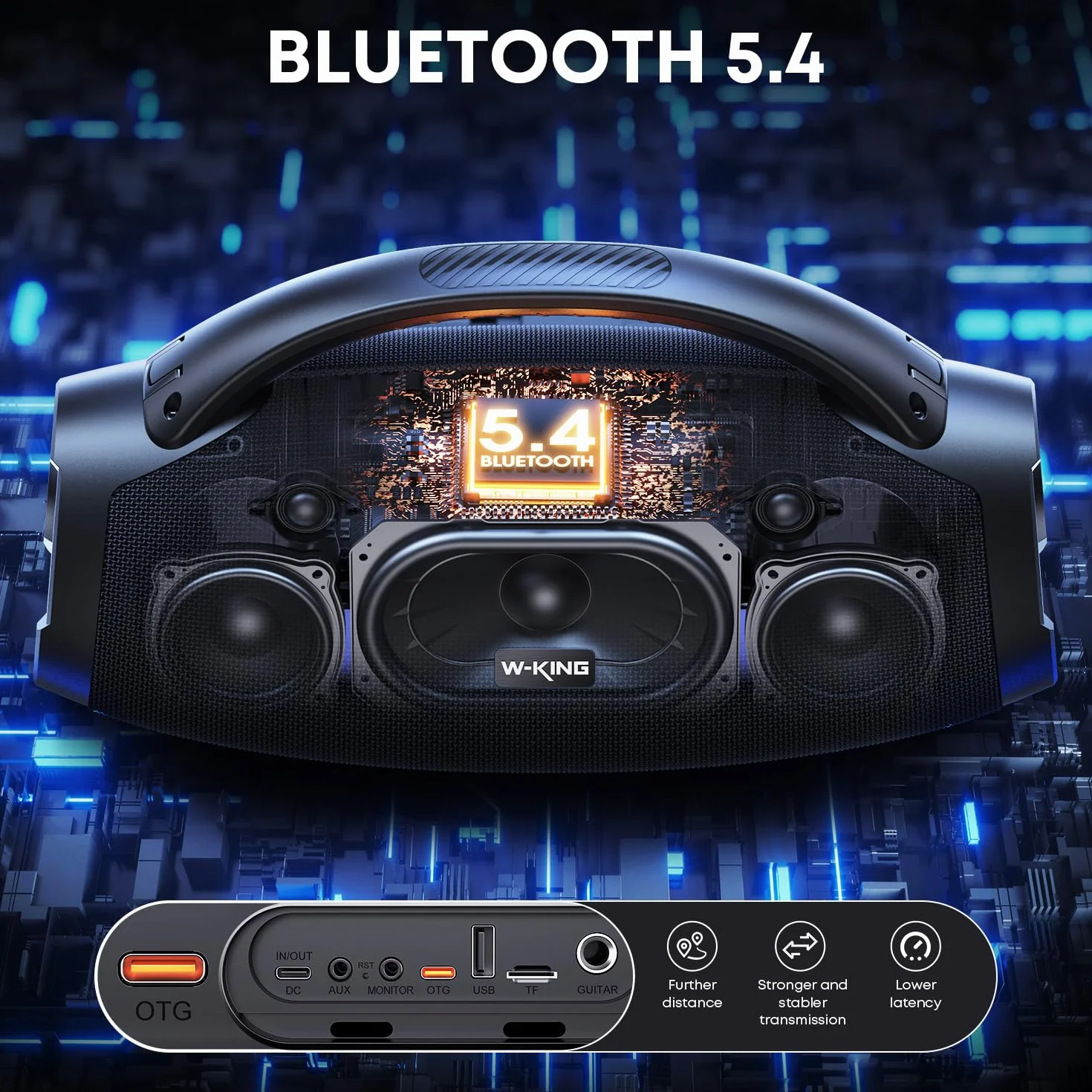 200W RMS Głośnik Bluetooth, W-KING 300W Szczyt Głośny Przenośny Boombox Super Bass/Szybkie ładowanie Bluetooth Box, IPX7, Subwoofer/EQ, Wejście Gitarowe/USB/AUX