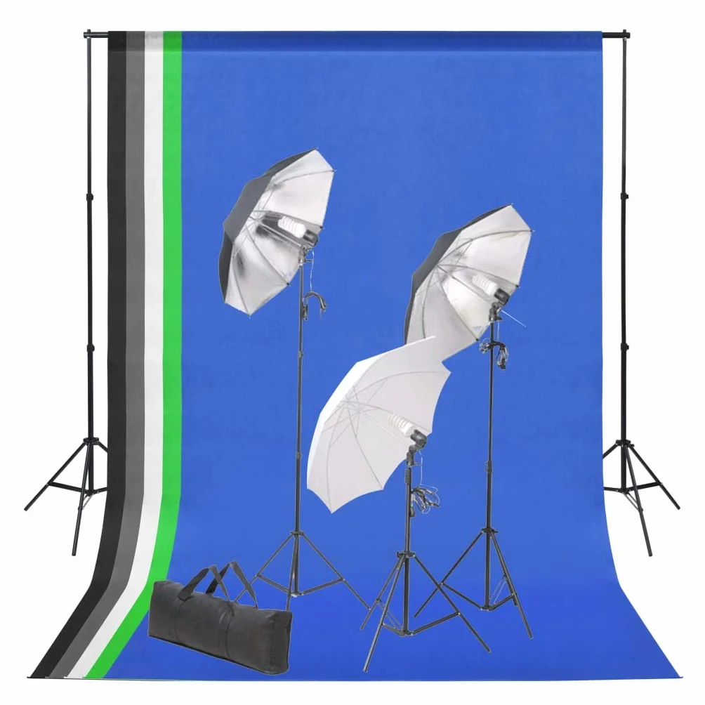 Zestaw do studia fotograficznego z tłem, 5 kolorowych tła z tkaniny, aluminiowa rama, 3 lampy dzienne 5500 K, 3 abażury, 3 statywy, możliwość ściemniania, idealny do fotografii produktów