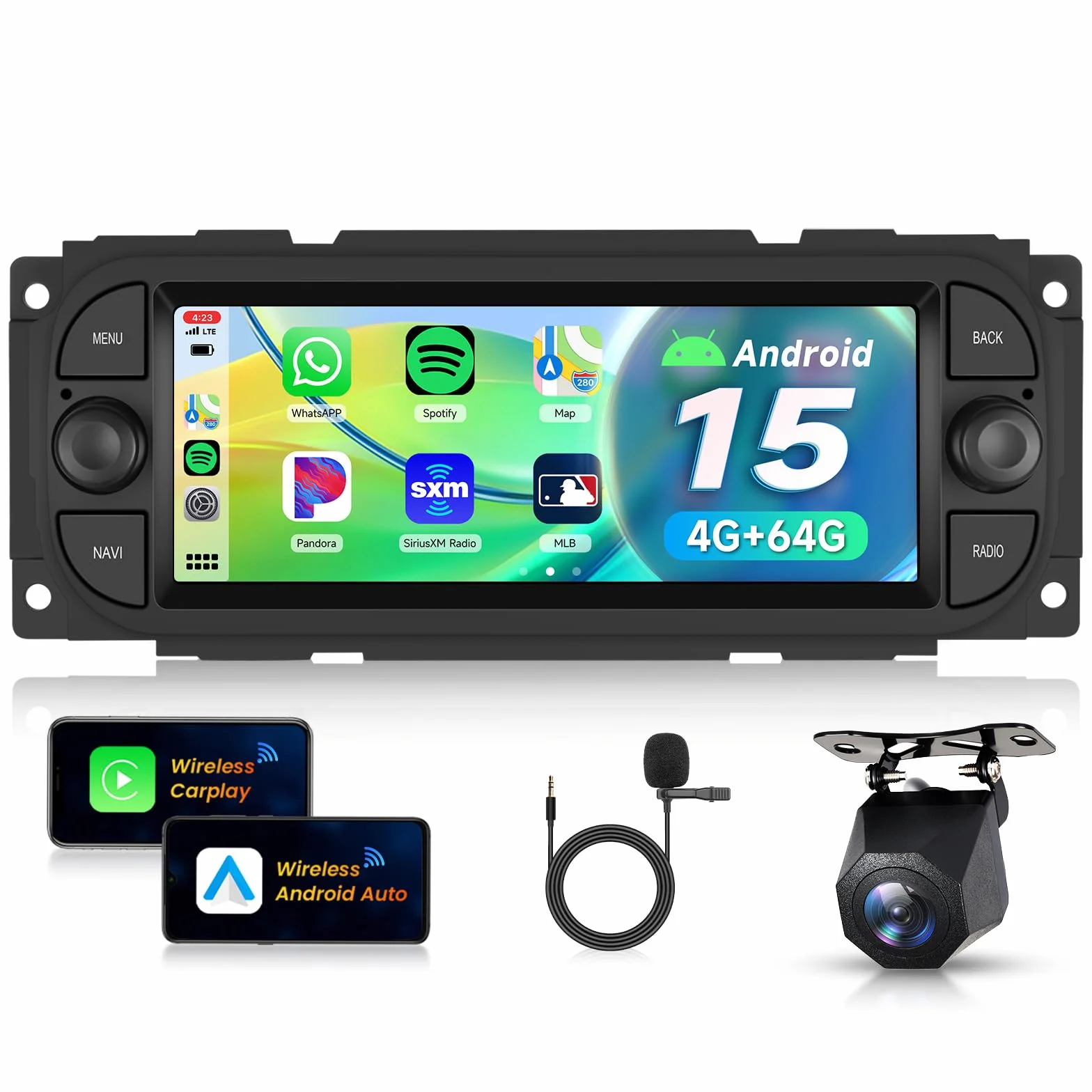 VECHTEL 4+64G Autoradio Android 15 dla Jeep Grand Cherokee Wrangler/Chrysler Grand Voyager 300M PT Cruiser/Dodge RAM 1500 2500, 6,86'' Ekran z Carplay Android Auto GPS Wi-Fi Bluetooth FM RDS Kamera