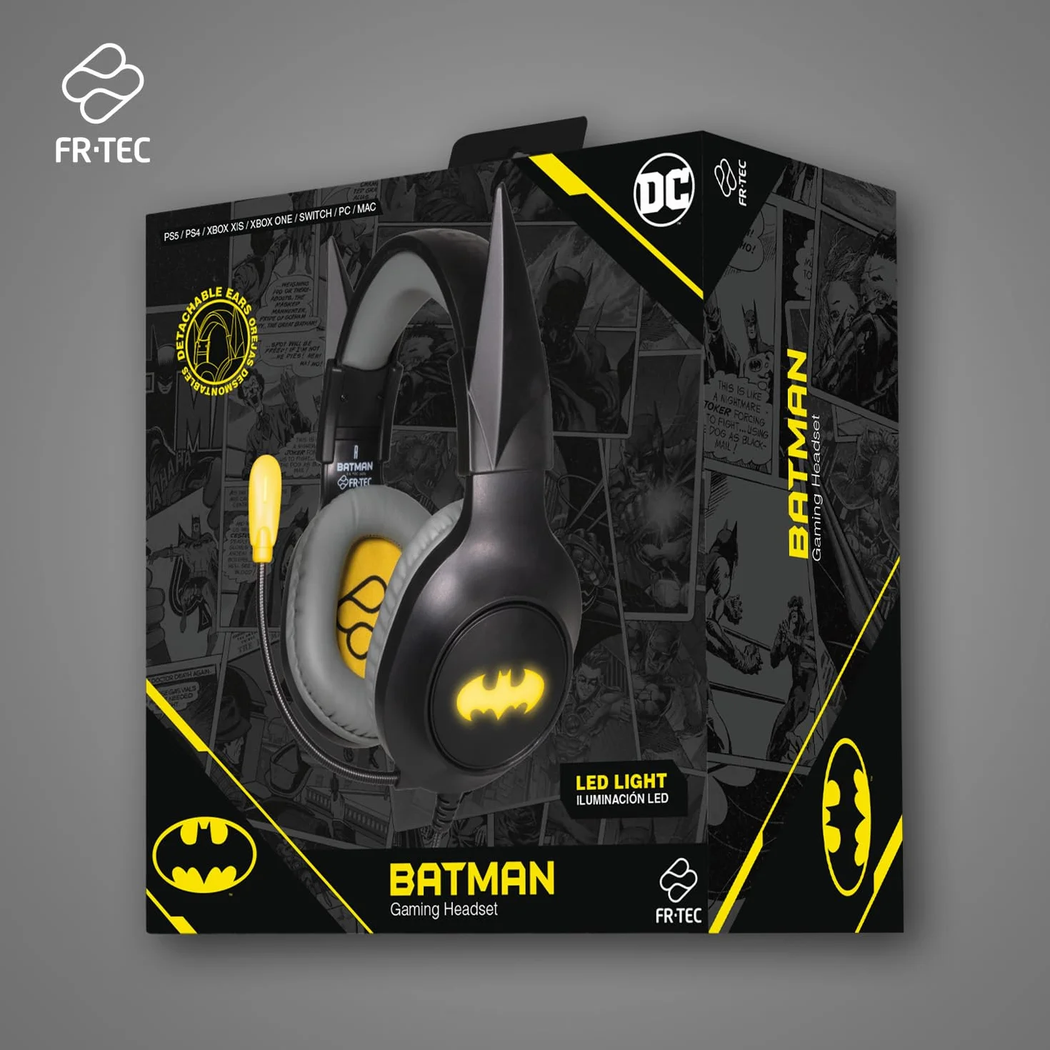 FRTEC - zestaw słuchawkowy do gier Batman z odłączanymi uszami Dark Knight, kabel LED RGB do PlayStation 5, PS4, Xbox Series X/S, Xbox One, Nintendo Switch, PC, Mac