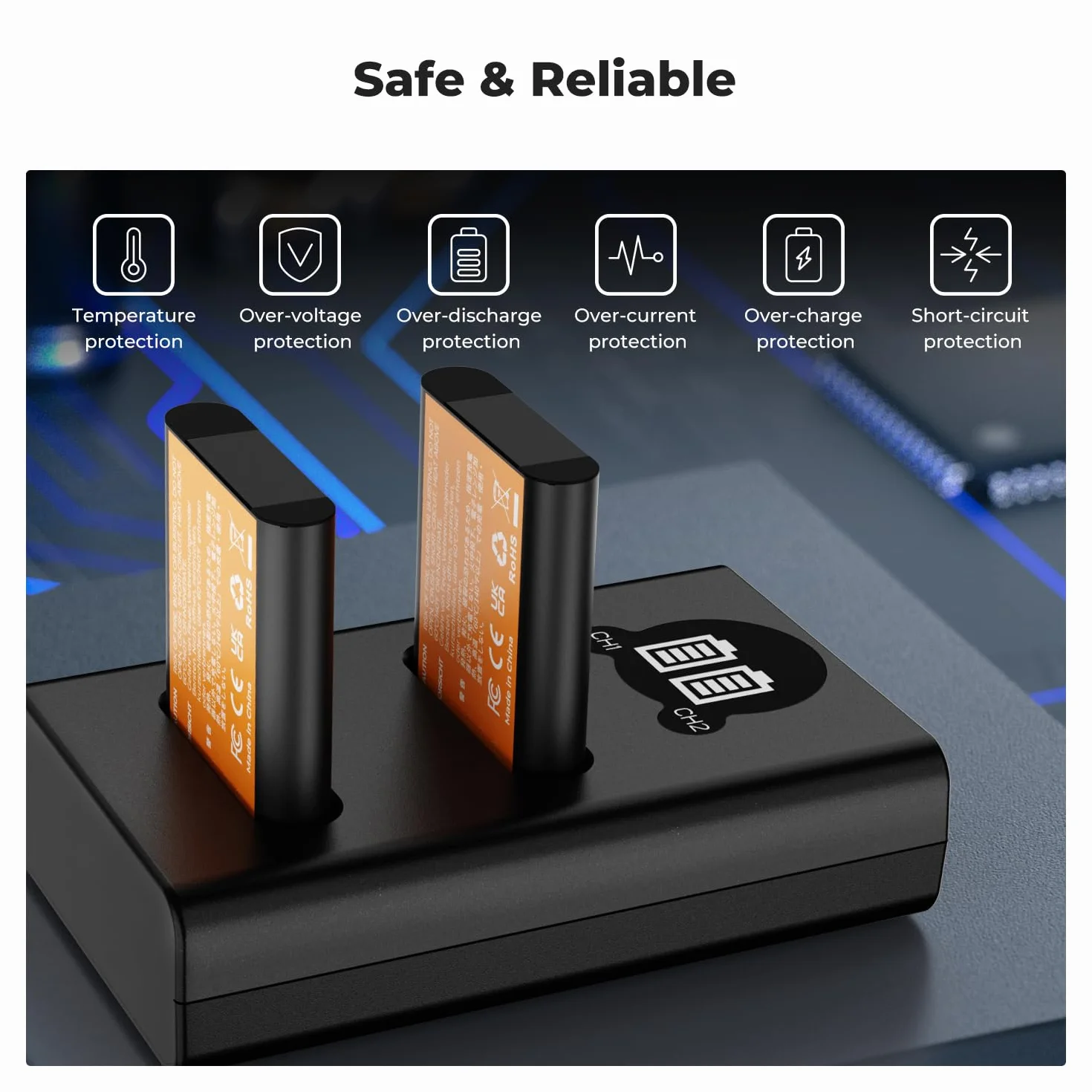 Zestaw 2 baterii K&F CONCEPT Ricoh DB-110 o pojemności 1100 mAh z ładowarką LCD z dwoma gniazdami, kompatybilny z Ricoh GR III, GR IIIx, Theta X, WG-6, G900 II, G900SE II, kompatybilny z Olympus TG7/6