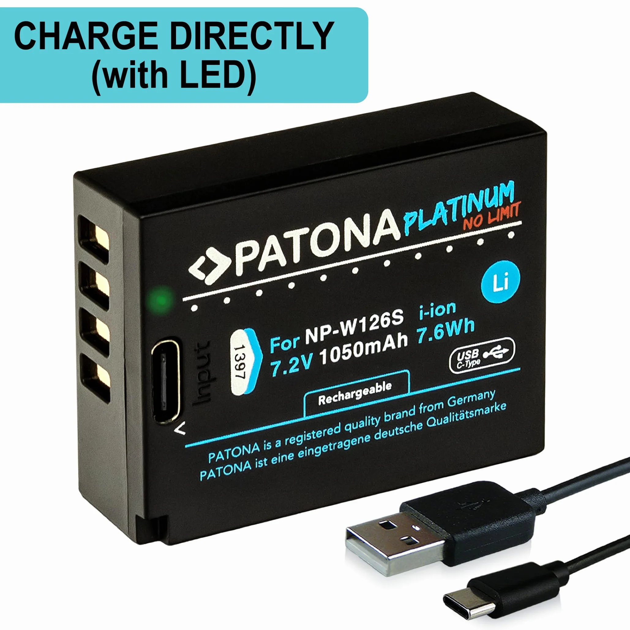 PATONA Platinum Akumulator do Fujifilm NP-W126s W126, 1050mAh, z USB-C | Akumulator do X-M5 X-M1 X100F X100V X100VI XA1 XA2 XA3 XA5 XS10 XT3 XT20 XT30 II XM5 X-S10 – ładowanie w akumulatorze