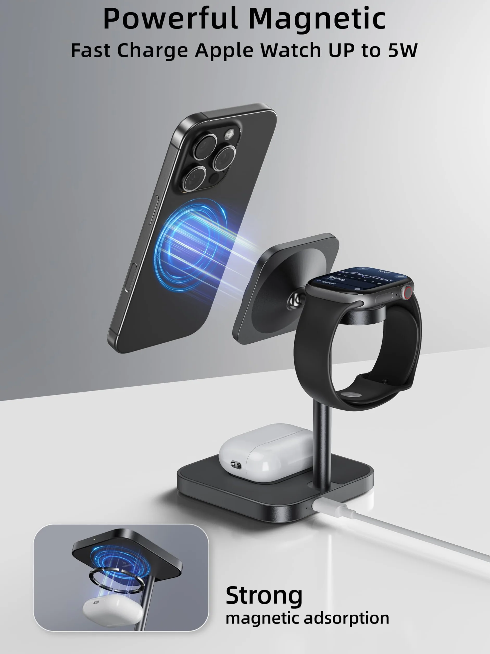 LULULOOK Magsafe stacja ładująca, 3 w 1 iPhone 16 Pro Max / 16 Pro / 16 Plus/16, indukcyjna stacja ładująca do Apple Watch Ultra 2 (szara)