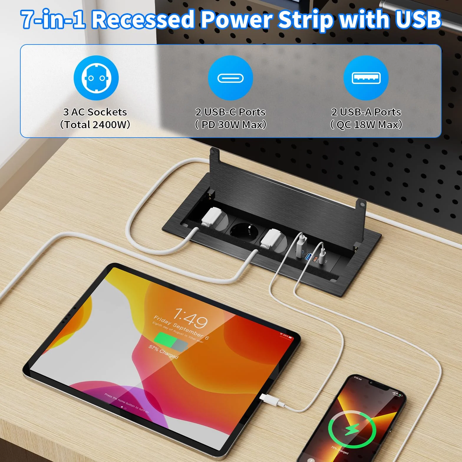 Gniazdko do zabudowy z aluminium, z 3 gniazdami wtykowymi i 4 portami USB (2 x USB-C PD 30 W, 2 x USB-A), chowane gniazdko stołowe na biurko i do biura, kabel 1,8 m, czarne