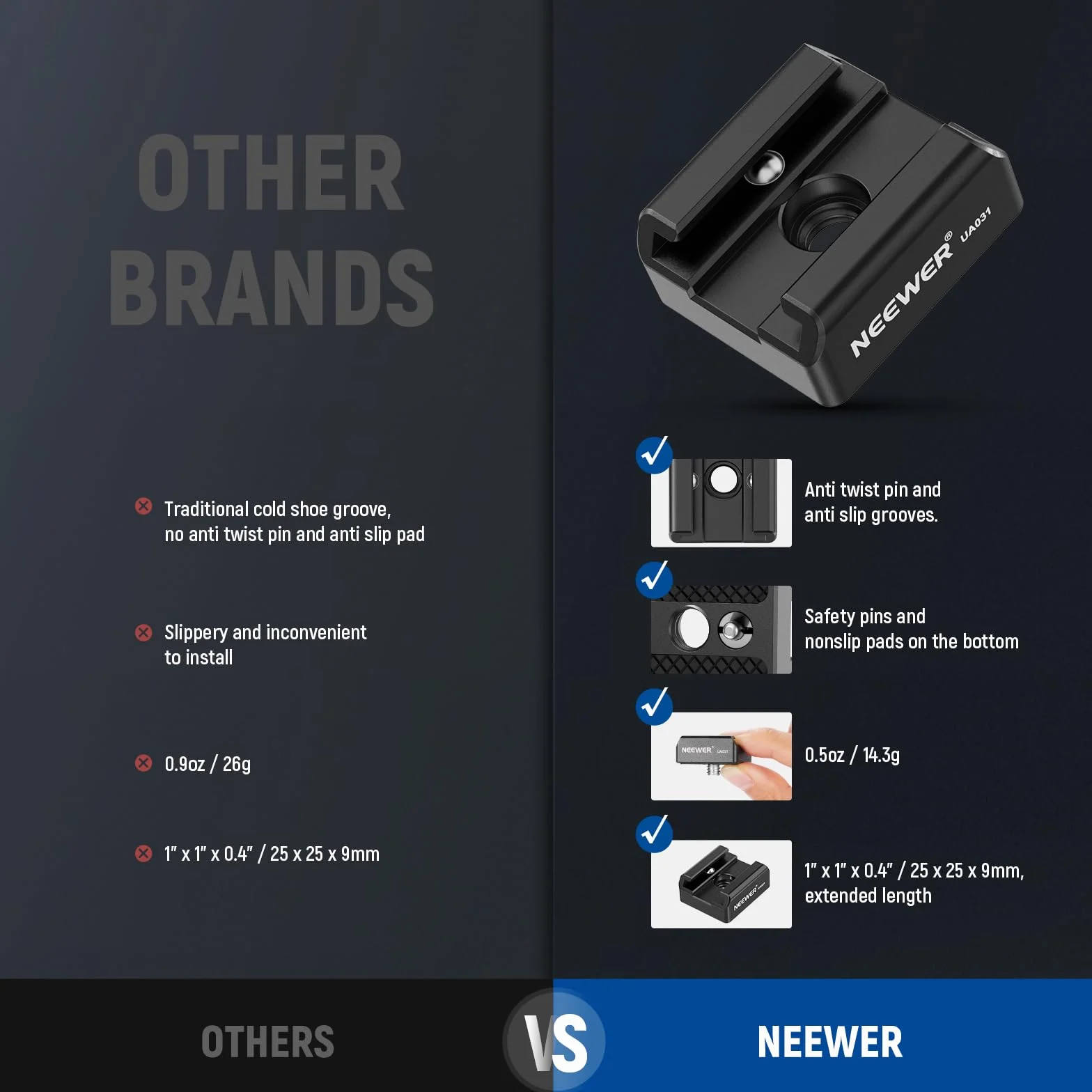 NEEWER Zestaw 2 adapterów montażowych Cold Shoe Mount ze śrubą 1/4" do lampy błyskowej LED, aluminiowy uchwyt na buty z antypoślizgową podkładką zapobiegającą skręcaniu, kompatybilny z uchwytem górnym