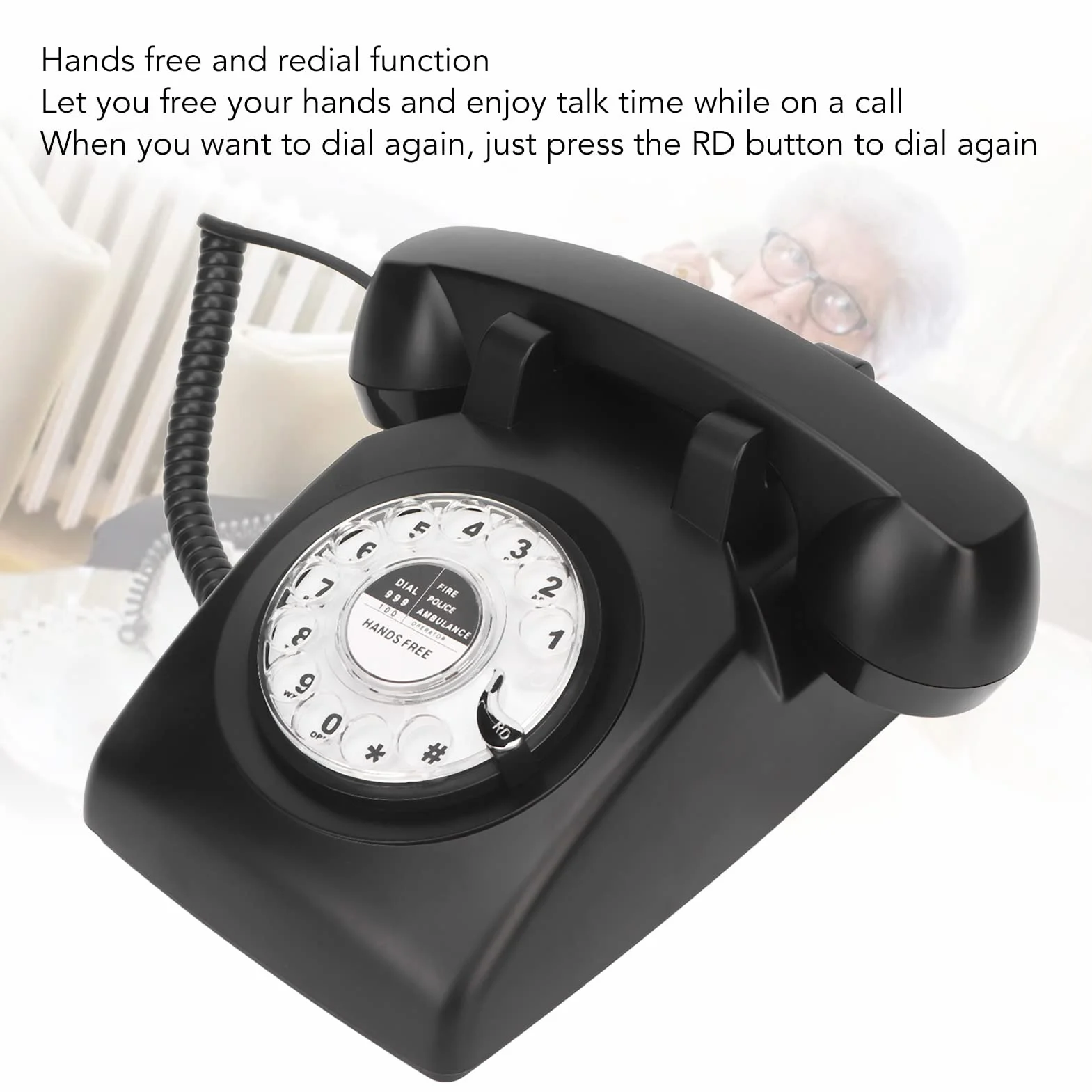 Czarny Obrotowy Telefon Stacjonarny, Elegancki Elegancki Przewodowy Telefon Stacjonarny W Starym Stylu, Tradycyjny Mechaniczny Dzwonek, Funkcja Ponownego Wybierania Bez Użycia Rąk, Domu