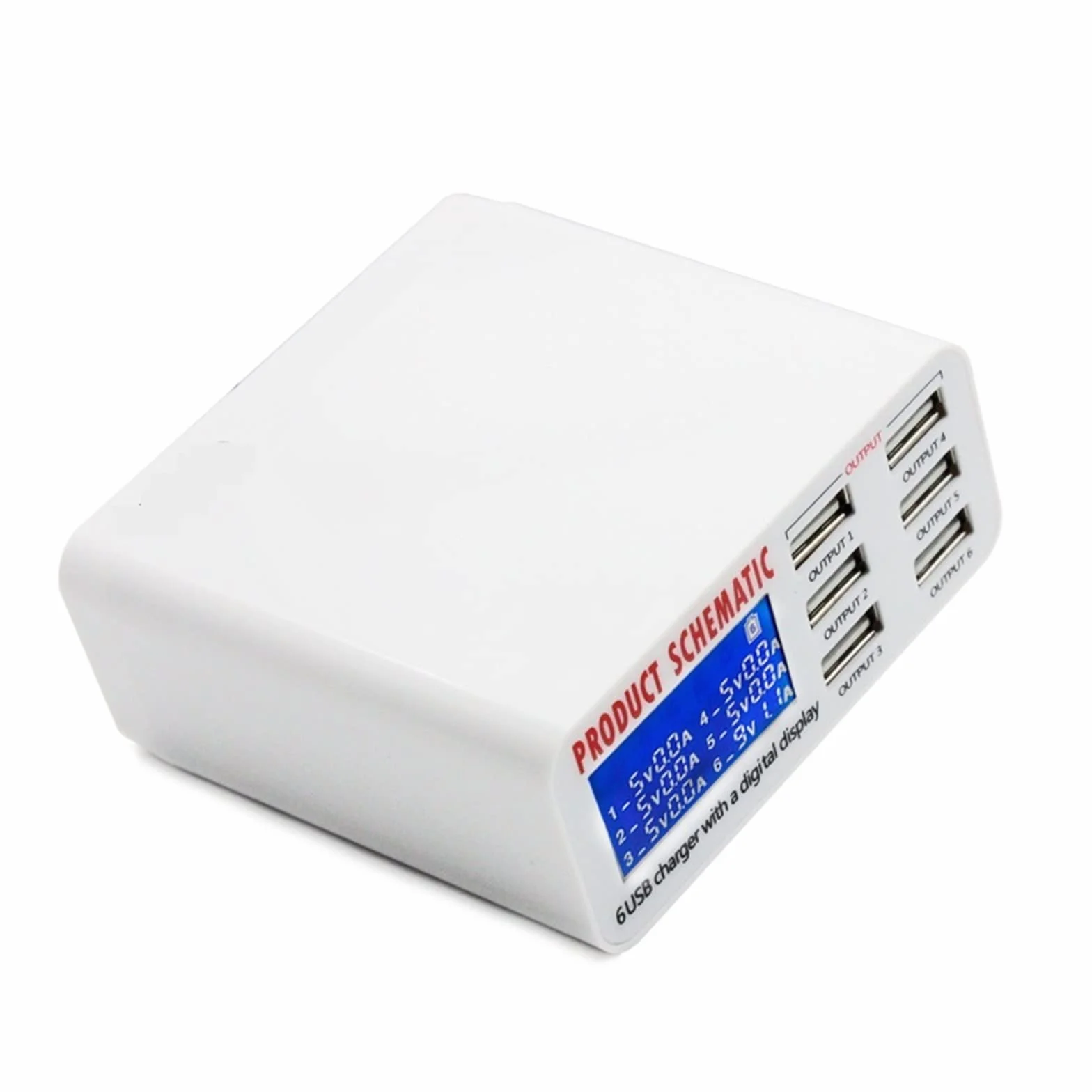 Ładowarka USB, 6A z cyfrowym wyświetlaczem LCD 6-portowa szybka inteligentna stacja ładująca do tabletów telefonicznych smartfonów, użytku w biurze domowym Bezpieczna ładowarka(899)