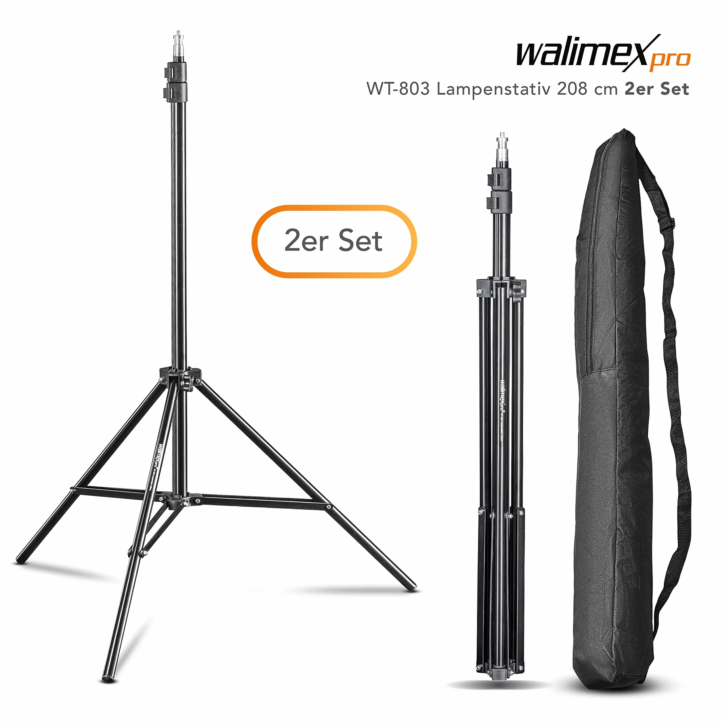 Walimex pro WT-803 2-częściowy zestaw statywów do lamp, 208 cm – lekki statyw świetlny z aluminium, wysokość maks. 208 cm, nośność 3,5 kg, do fotografii, studia, mobilnego, wideo, lampa błyskowa,