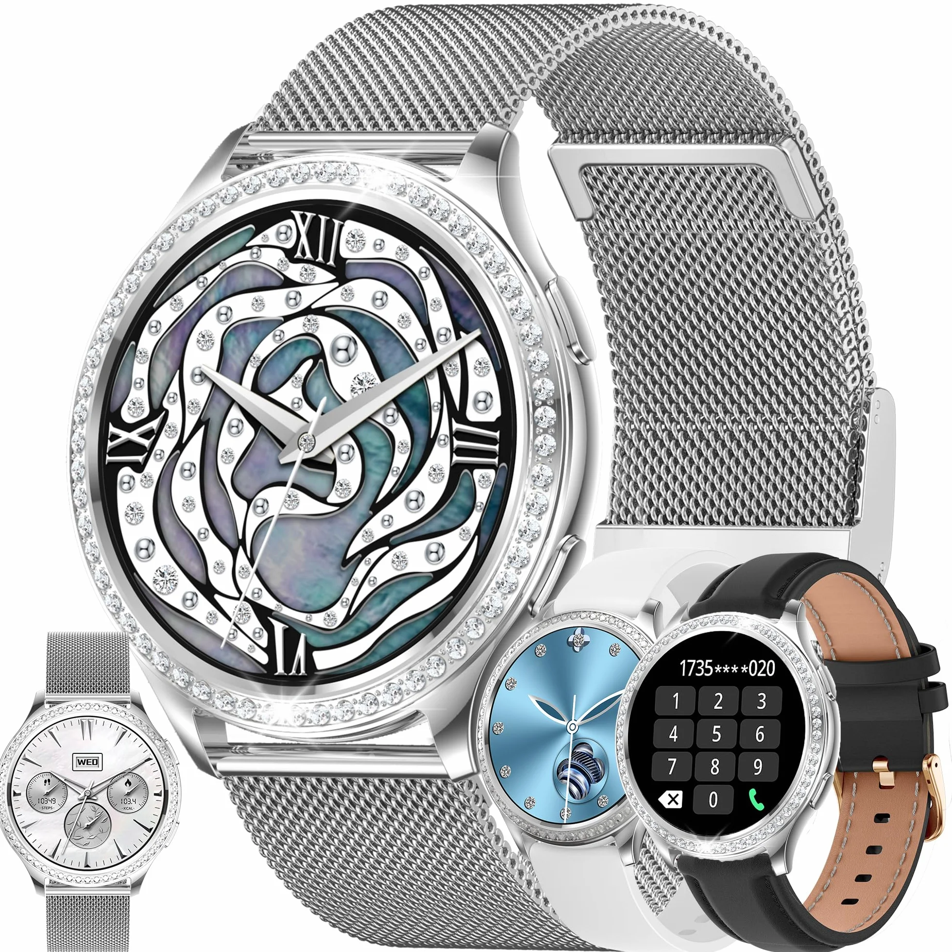 Smartwatch damski z funkcją telefonu, 1,32" diament IP68, wodoszczelny zegarek sportowy z 123 trybami sportowymi, pomiar ciśnienia krwi, tętna, krokomierz, 3 paski, zegarek fitness do iOS Android