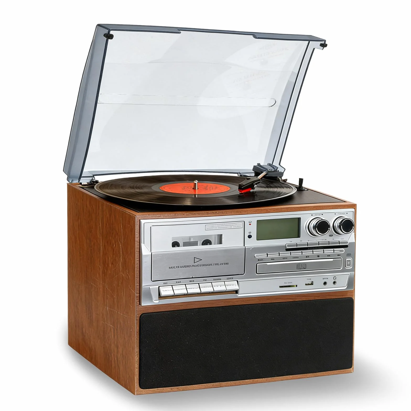 Gramofon i centrum multimedialne, 3-biegowy gramofon z wbudowanym odtwarzaczem CD i kasetowym, radio FM, bezprzewodowe przesyłanie muzyki, do domowej rozrywki w stylu vintage