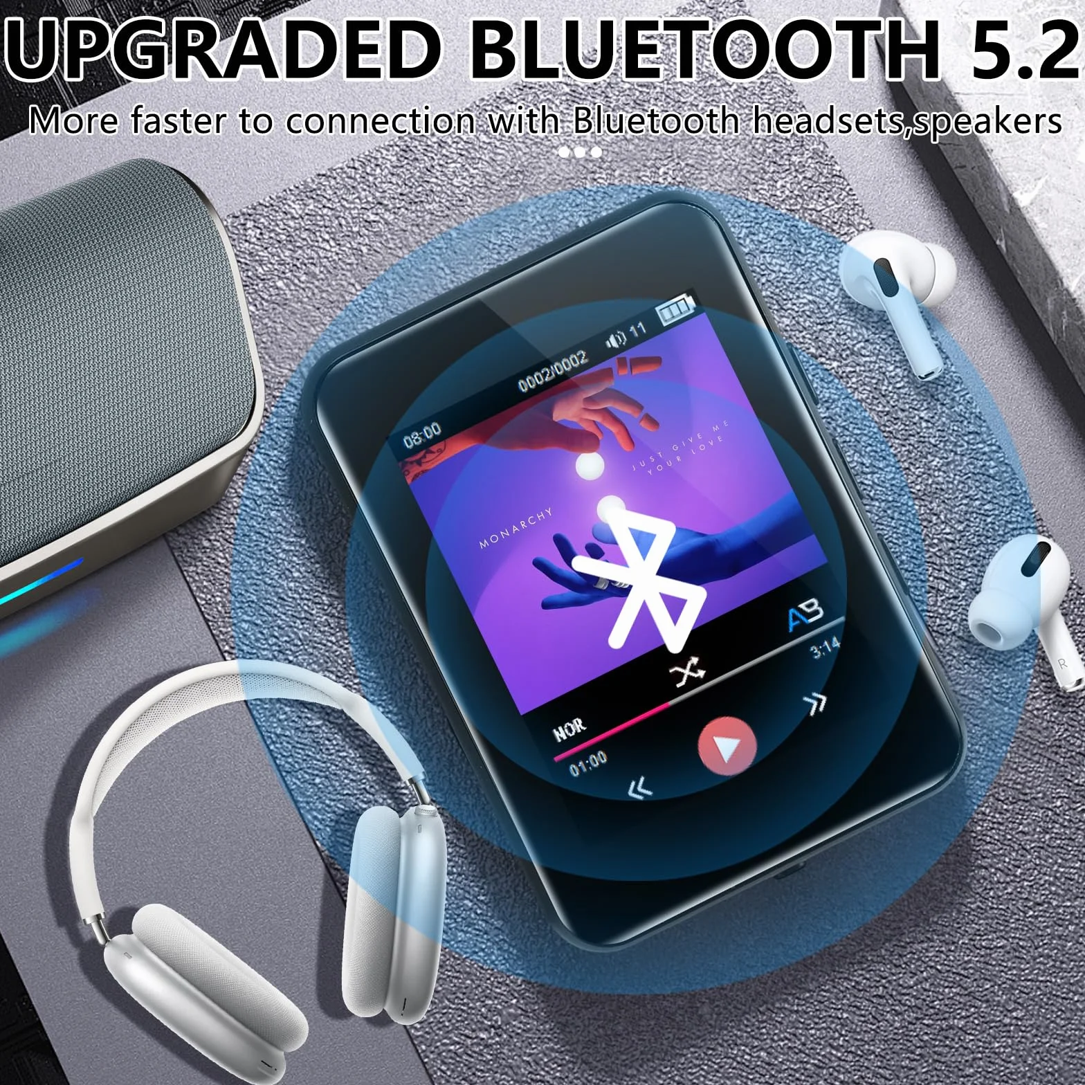 Odtwarzacz MP3 72 GB, odtwarzacz muzyki z Bluetooth 5.2, wbudowany głośnik HD, radio FM, nagrywanie głosu, funkcja e-booka, słuchawki, idealny do uprawiania sportu
