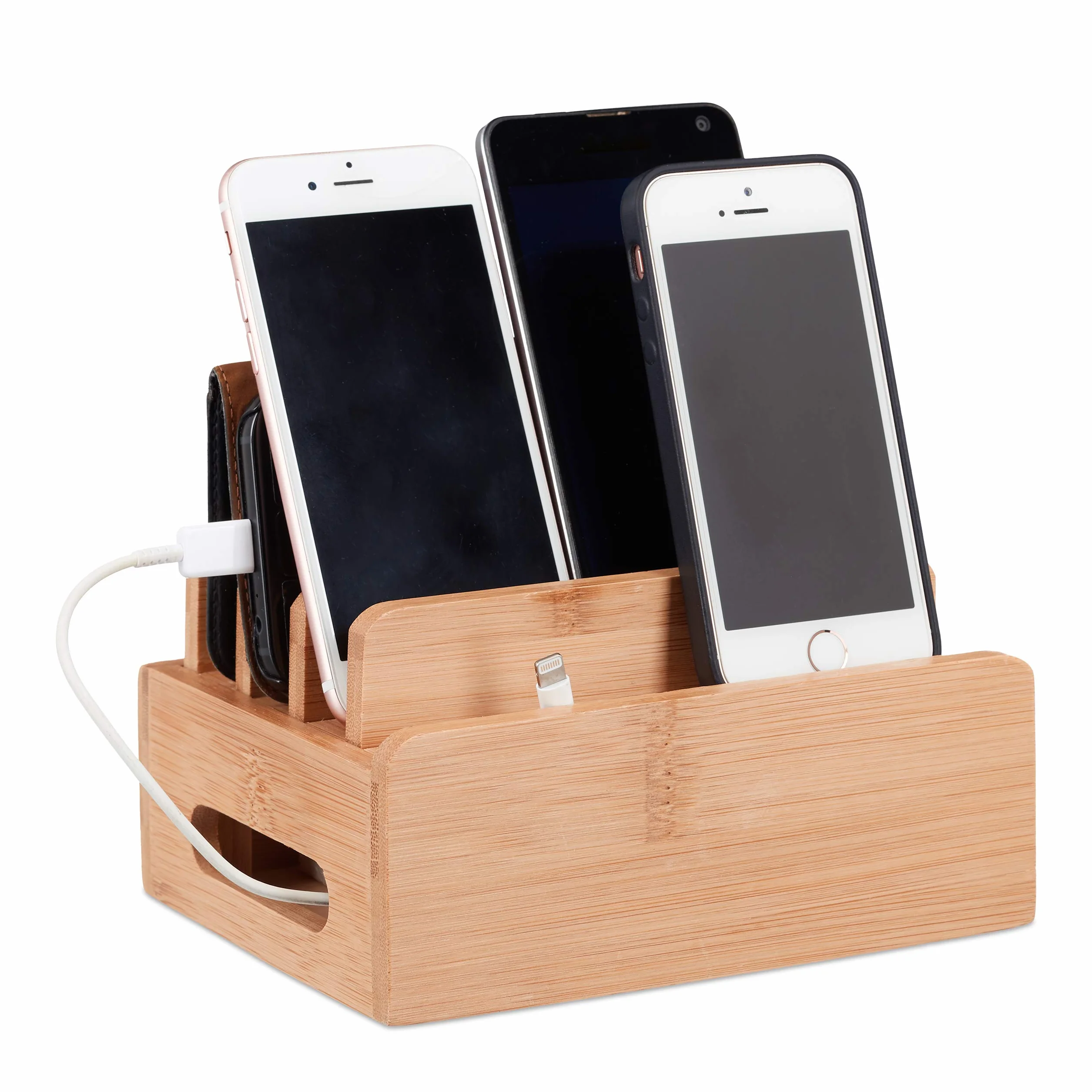 Stacja ładująca Relaxdays Bambus, uchwyt na telefon na biurko dla 6 urządzeń, skrzynka na kable, HBT 9 x 17 x 13 cm.