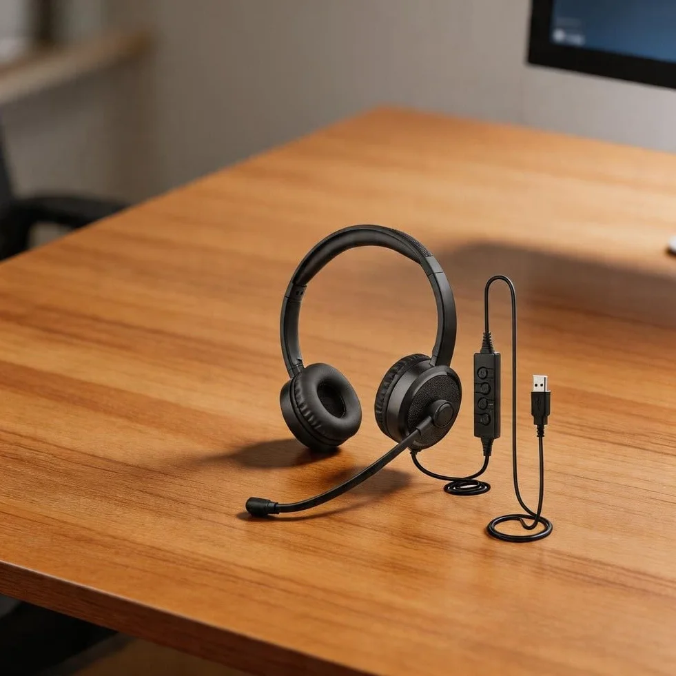 Słuchawki USB z mikrofonem z redukcją dźwięku do komputera i laptopa - kabel 2M czarny dźwięk