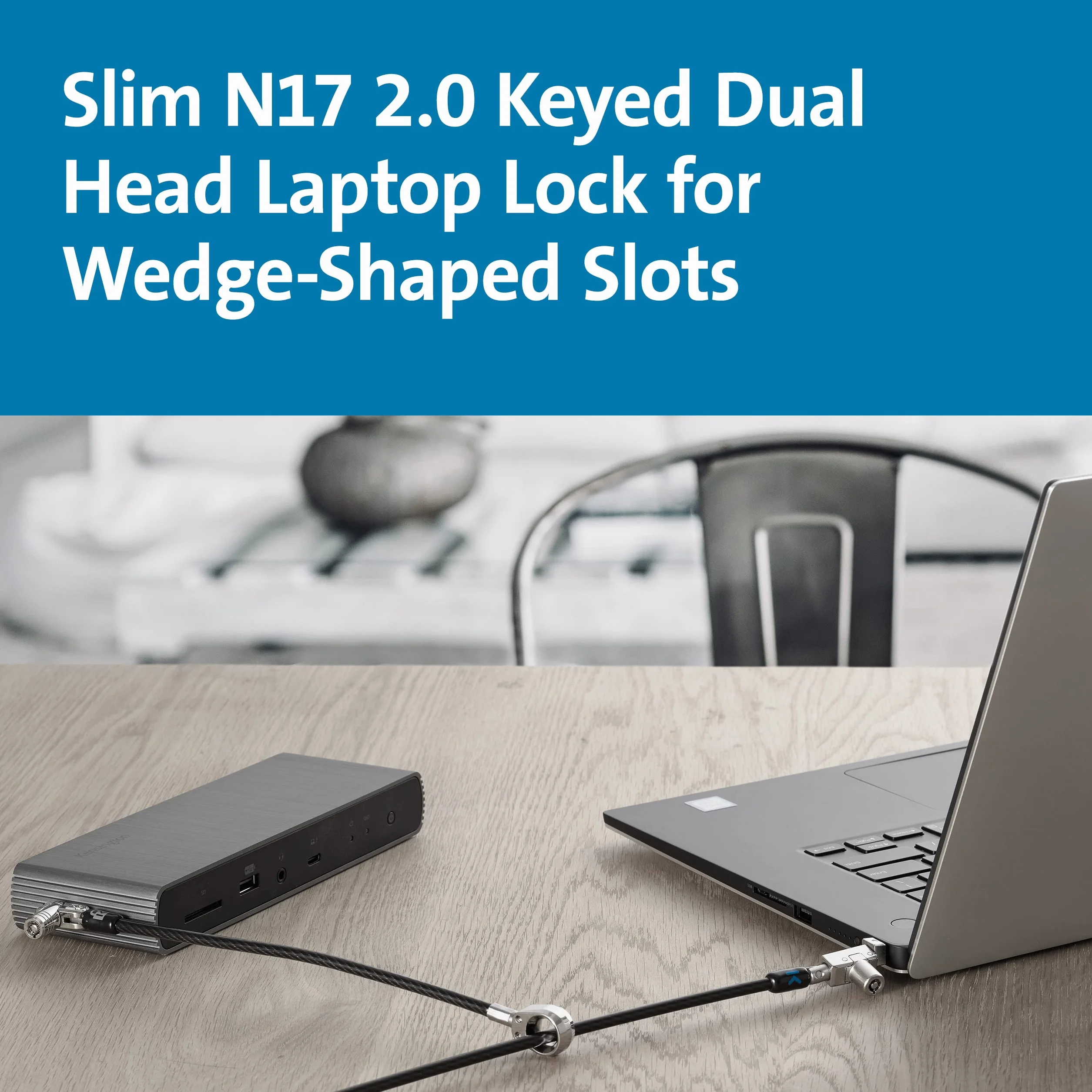 Kensington, blokada kablowa Slim N17 2.0 do gniazd klinowych z kluczem, dwie głowice, zabezpieczenie przed kradzieżą cienkich laptopów, linka ze stali węglowej 1,8 m (K60508WW)