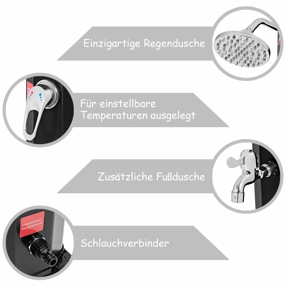 COSTWAY Prysznic solarny 35 l, prysznic ogrodowy, 2 krany, prysznic zewnętrzny z prysznicem nożnym, prysznic do 60°C, prysznic solarny z zaworem zimno-ciepłym, prysznic kempingowy, wysokość 220 cm