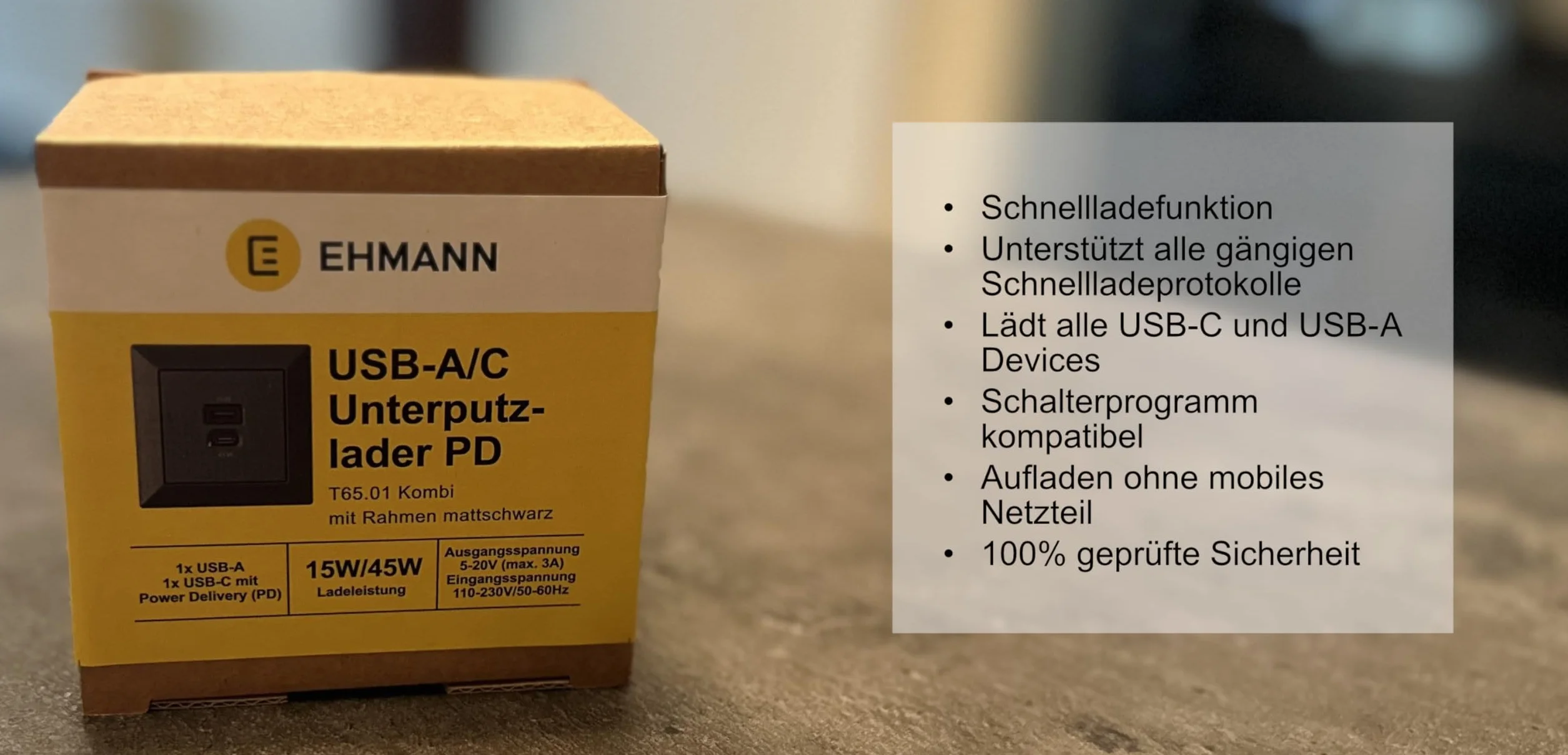 Podtynkowa stacja ładująca USB z USB-C 45 W + USB-A 15 W ładowarka z ramką czarny matowy