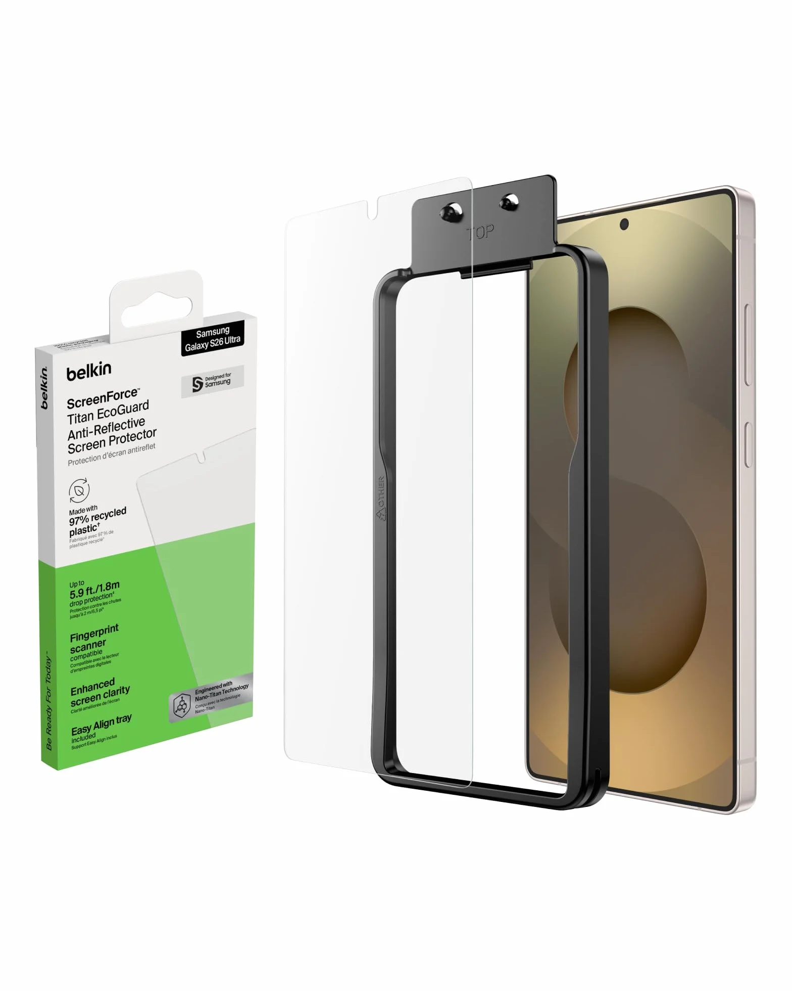 Belkin ScreenForce Titan EcoGuard Antyrefleksyjne Szkło Ochronne do Telefonu Samsung Galaxy S26 Ultra, Odporne na Zarysowania, Ochrona Przed Uderzeniami i Odciskami Palców, Cienkie, z Ramką Easy Align