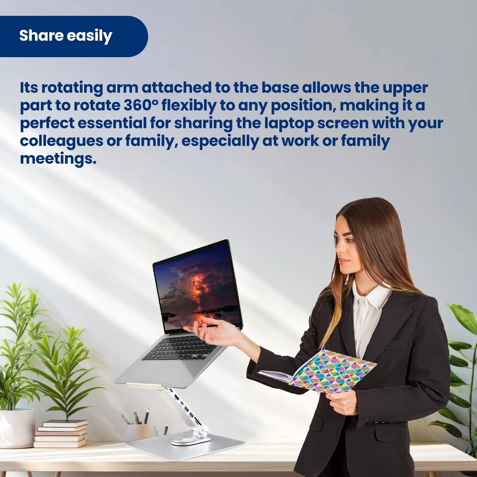Ewent Stojak na laptopa ze stopu aluminium, stojak do stacji dokującej 7 w 1 z kablem USB-C, ergonomiczne podnoszenie laptopa z regulacją wysokości z obrotem o 360°, antypoślizgowa podstawa