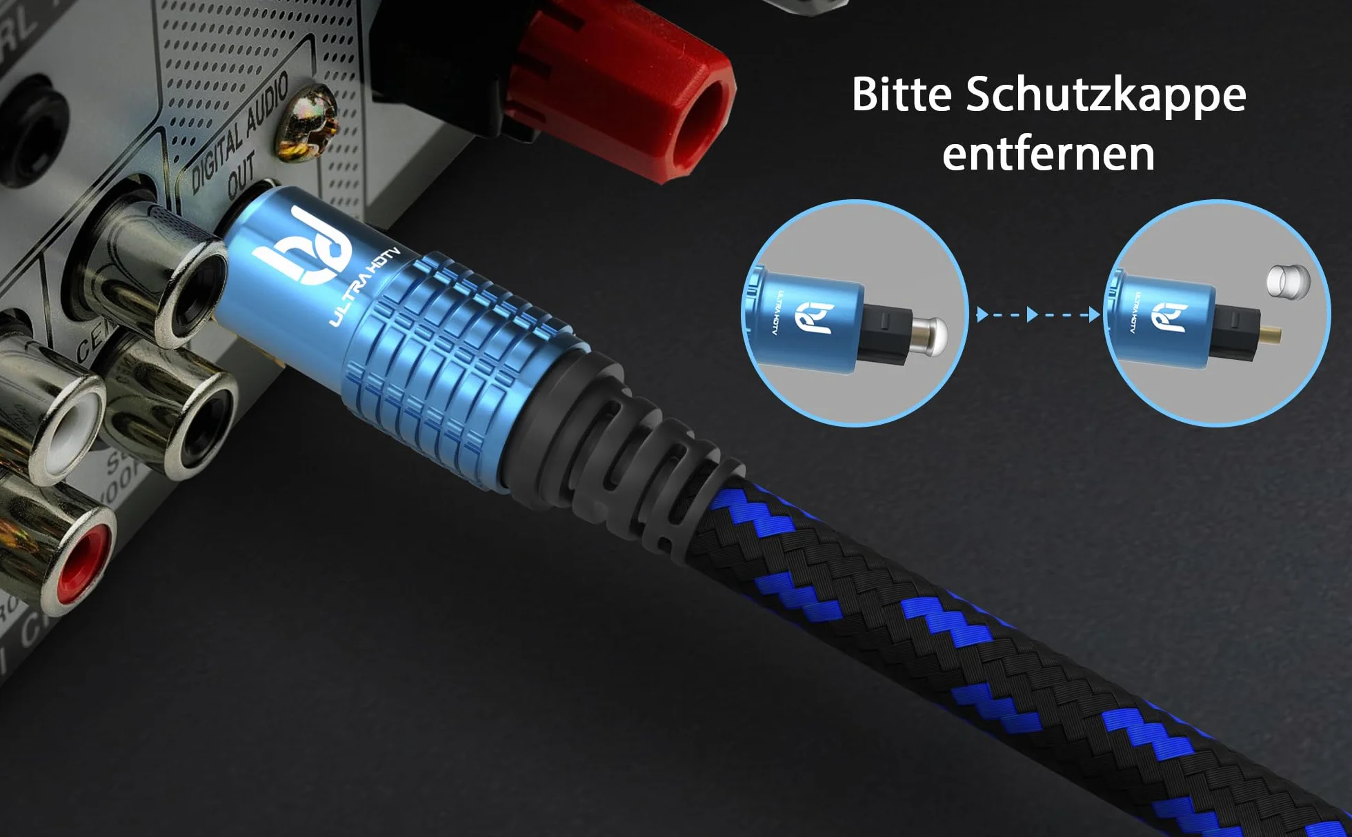 Kabel Ultra HDTV Premium Toslink 2-metrowy optyczny kabel audio, kabel cyfrowy z zabezpieczeniem przed załamaniem, nylonową osłoną, odciążką i całkowicie metalowymi wtykami z doskonałym dopasowaniem