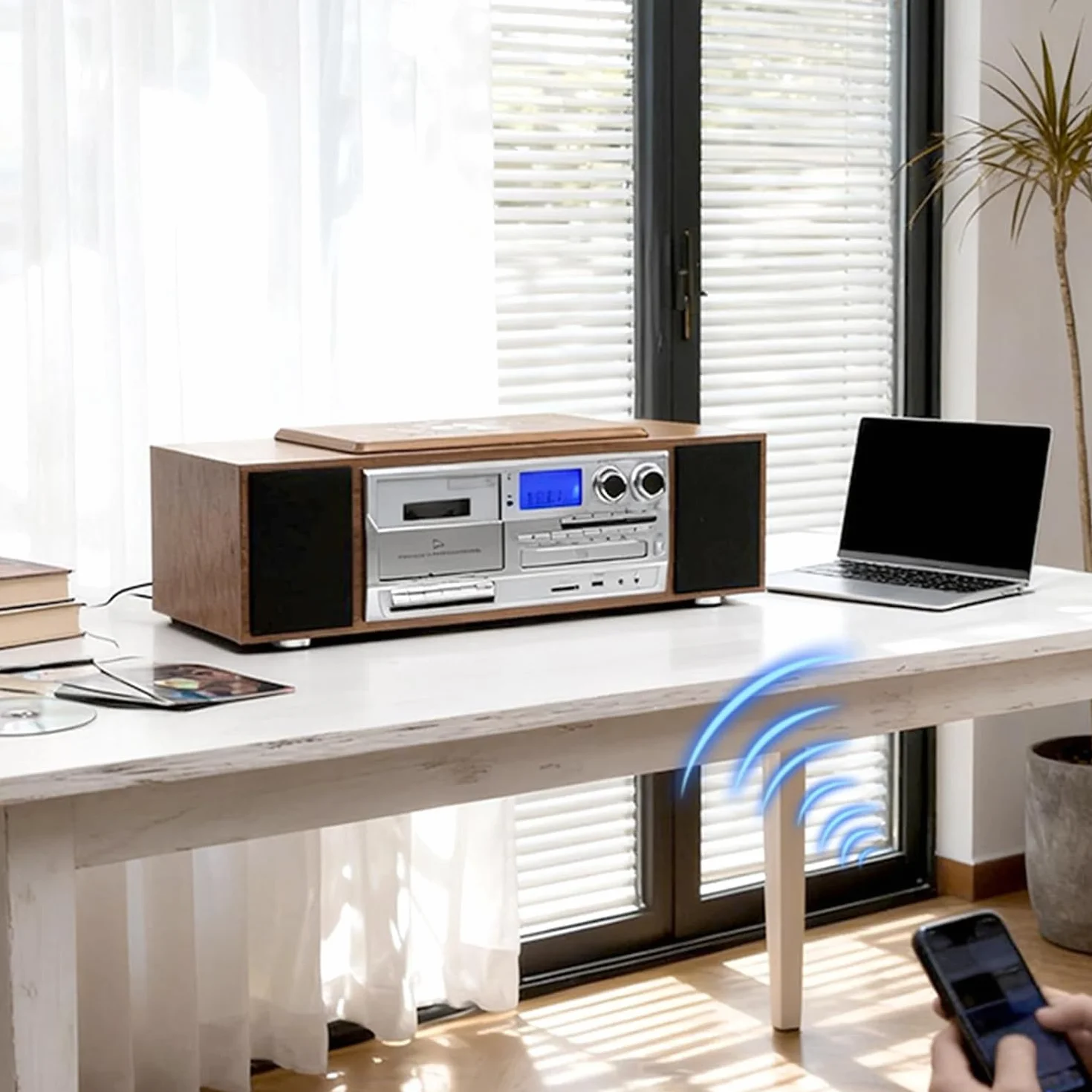 Odtwarzacz CD z Bluetooth, biurkowy odtwarzacz CD z głośnikami, wyświetlacz LCD, tryb USB/Bluetooth/AUX, wbudowane podwójne głośniki, dekoracja domu, korytarza, biura