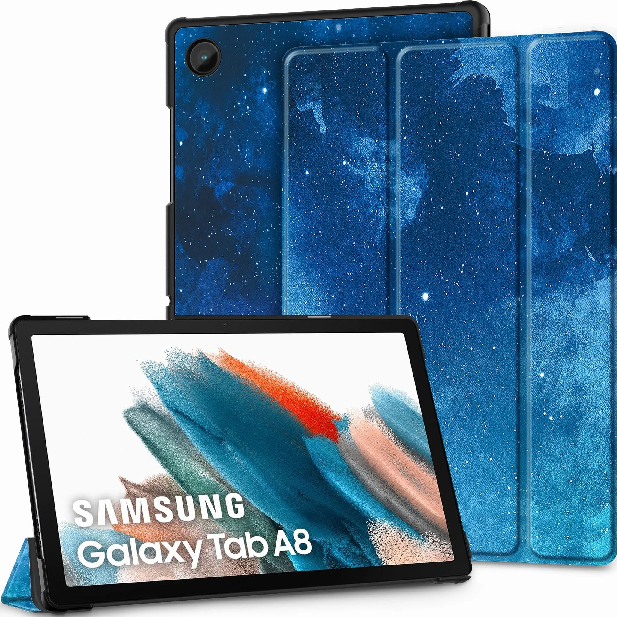 EasyAcc Etui kompatybilne z Samsung Galaxy Tab A8 10,5 cala 2021/2022 SM-X200 SM-X205 Tablet, ultracienki, inteligentny, skórzany pokrowiec, niebieskie gwiazdy
