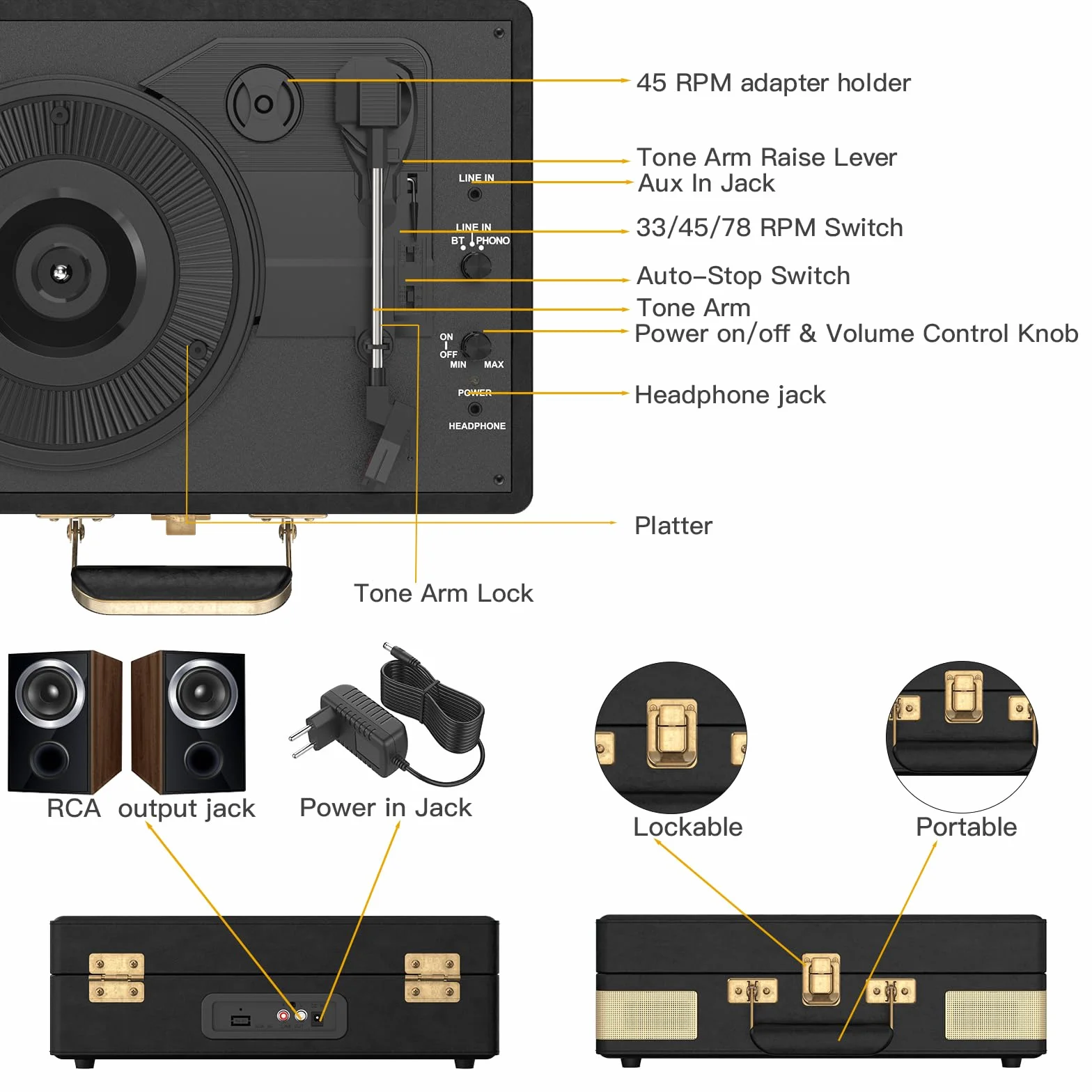 Trynnay Gramofon, 3-biegowy Bluetooth, przenośny odtwarzacz winylowy z wbudowanymi głośnikami, gramofon, ulepszony dźwięk audio, skóra PU, czarny vintage