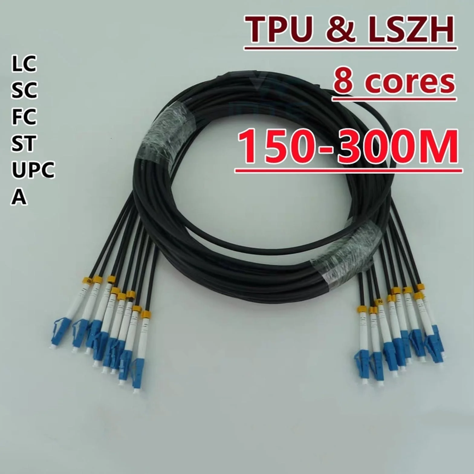 8-rdzeniowy kabel krosowy z włókna pancernego TPU 150M-300M LSZH SM czarny 8C SC LC FC ST A jednomodowy 8 włókien optyczny kabel połączeniowy 200 M250M (200 m TPU SC-SC)