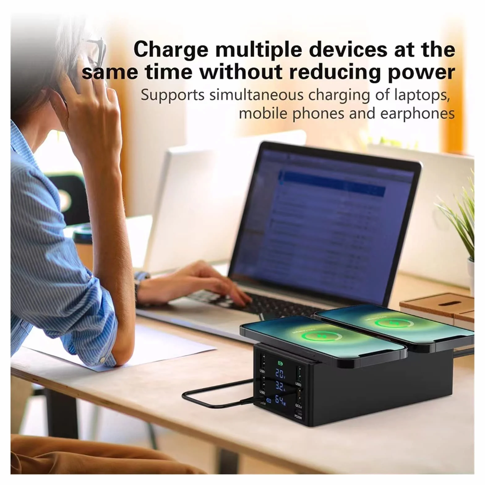 Wielofunkcyjna ładowarka USB, Stacja ładująca USB o mocy 150 W Podwójna bezprzewodowa ładowarka 6 portów typu C QC3.0 PD 65 W Szybka ładowarka USB Ładowarka do telefonu(Nero)