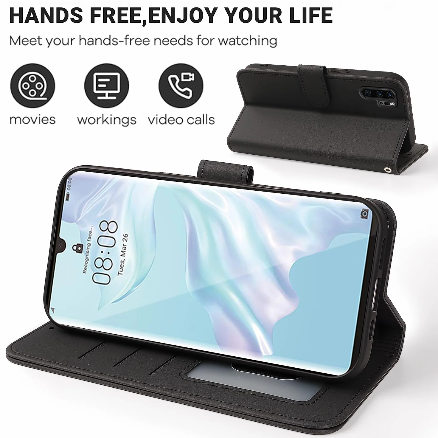Tawarror Skórzane etui z klapką do Huawei P30 Pro, wielofunkcyjne magnetyczne etui skórzane do P30 Pro ze składanym stojakiem i gniazdami na karty, czarne