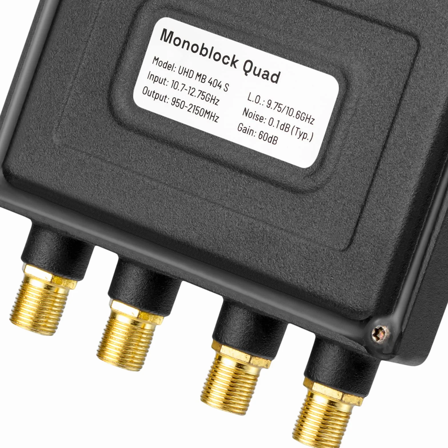 hb-digital Monoblock Quad LNB UHD MB 404 S LNC dla 4 uczestników/odbiornika Direkt 2 satelity Astra 19,2° Hotbird 13° Full HD TV 3D 4K + 8 x wtyk F pozłacany + 2 x gumowe tulejki + 1 x klucz montażowy